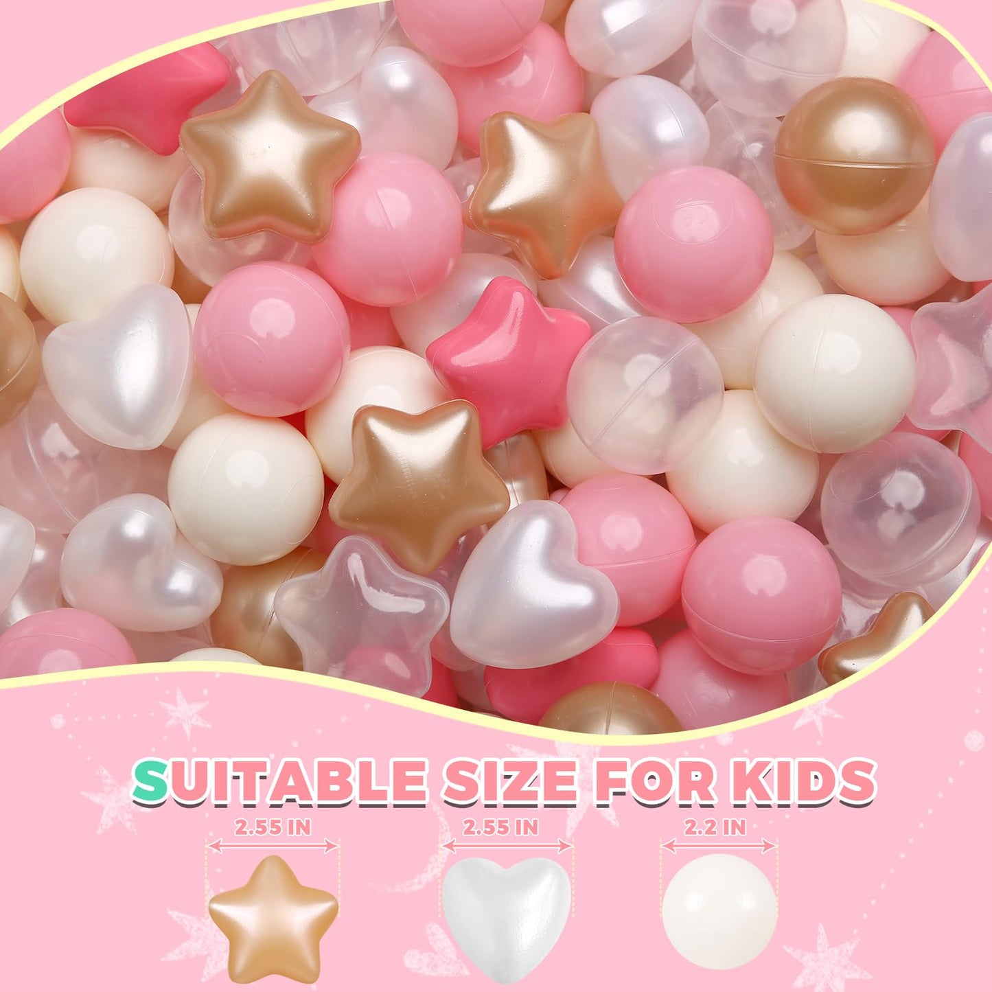 TRENDPLAY Ball Pit Balls – Star & Heart Shapes, 100 Count for Toddlers (Pink/Brown/White)