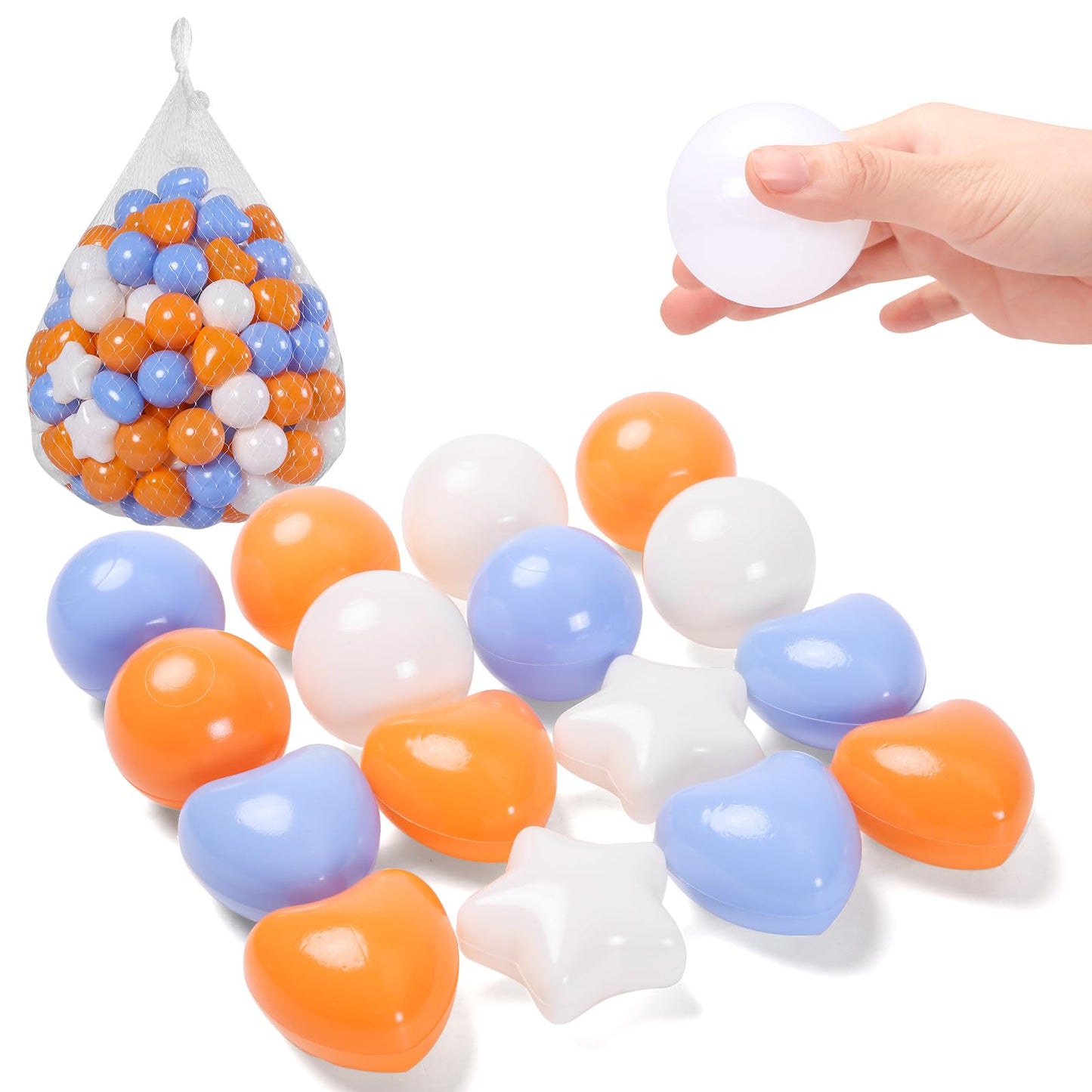 TRENDPLAY Ball Pit Balls – 200 Count Stars & Hearts Shapes (Beige, Orange, Blue)