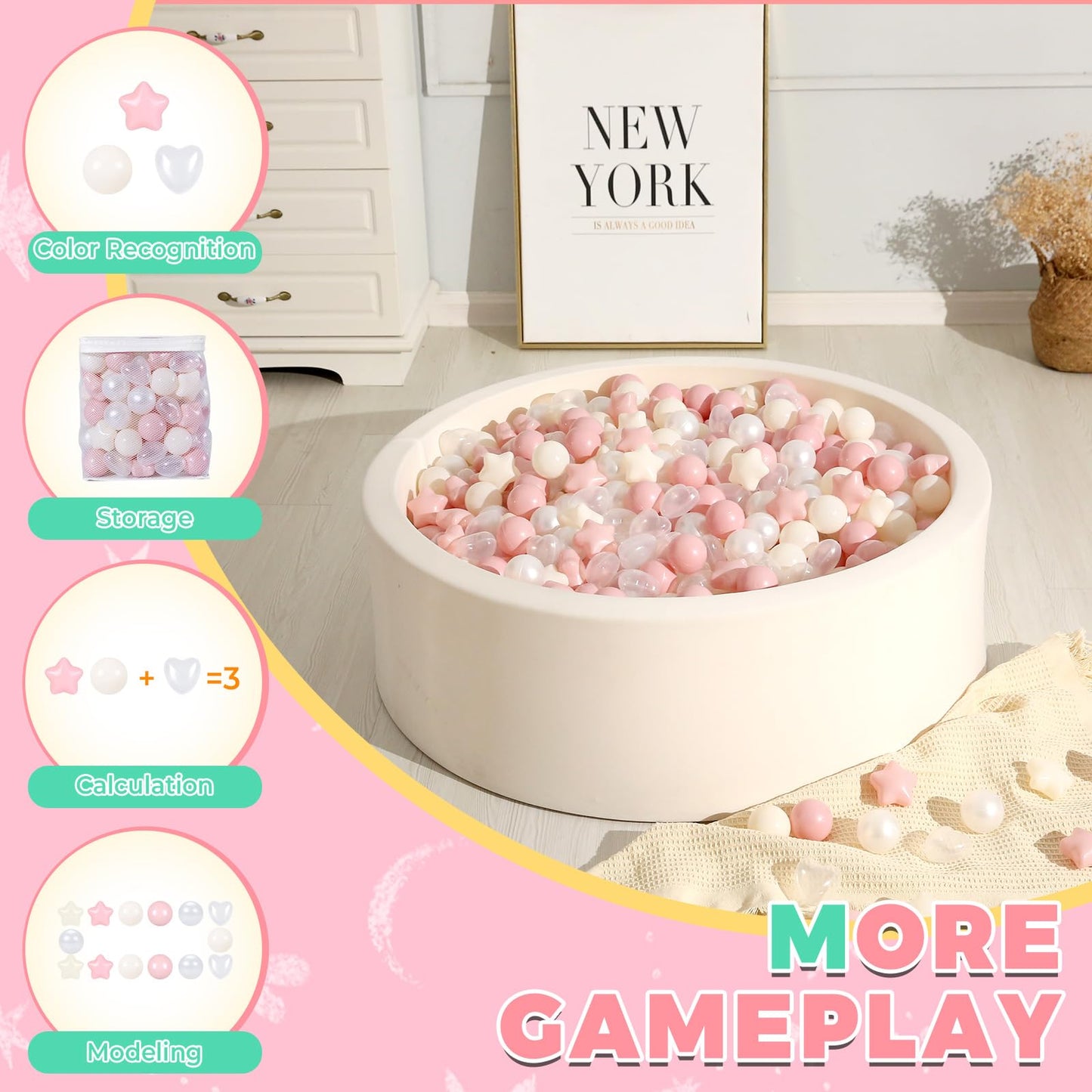 TRENDPLAY Ball Pit Balls – 500 Count Star & Heart Shapes in Pink Mix for Toddlers