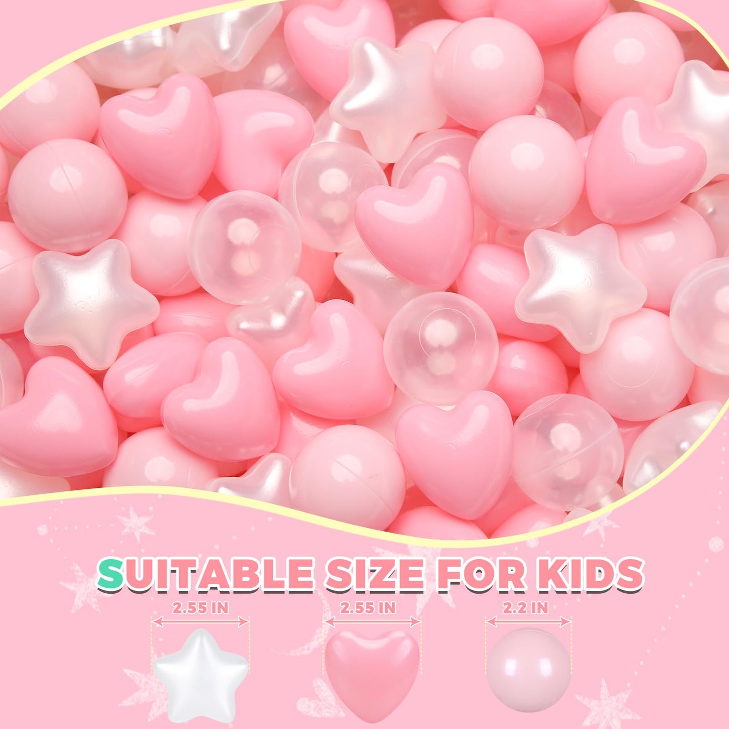 TRENDPLAY Ball Pit Balls – Star & Heart Shapes (200 Count) Pink, Pearl White – Safe, Non-Toxic