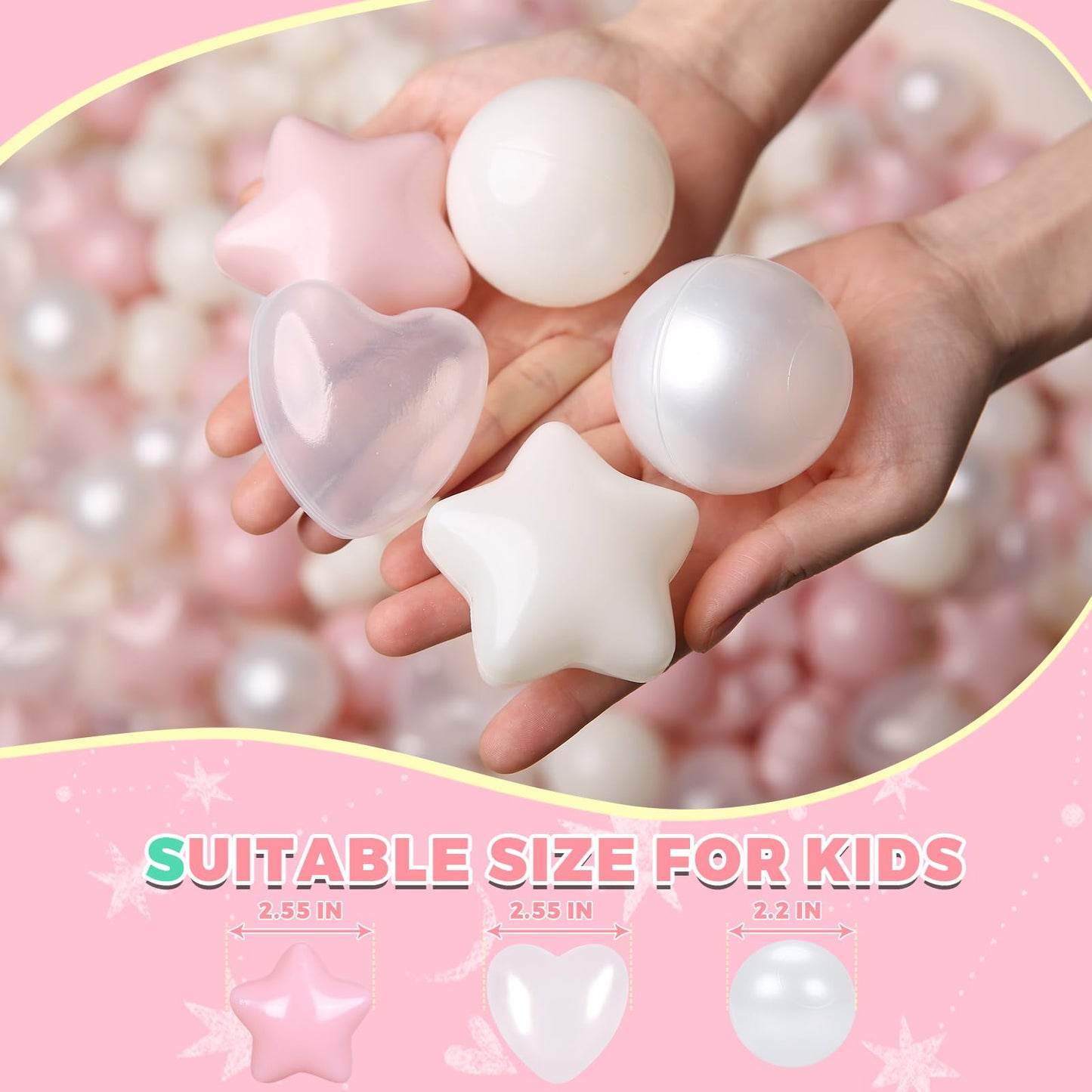 TRENDPLAY Ball Pit Balls – 100 Count Star & Heart Shapes (2.5-inch Star, 2.2-inch Balls) in Pink, Beige & Pearl White