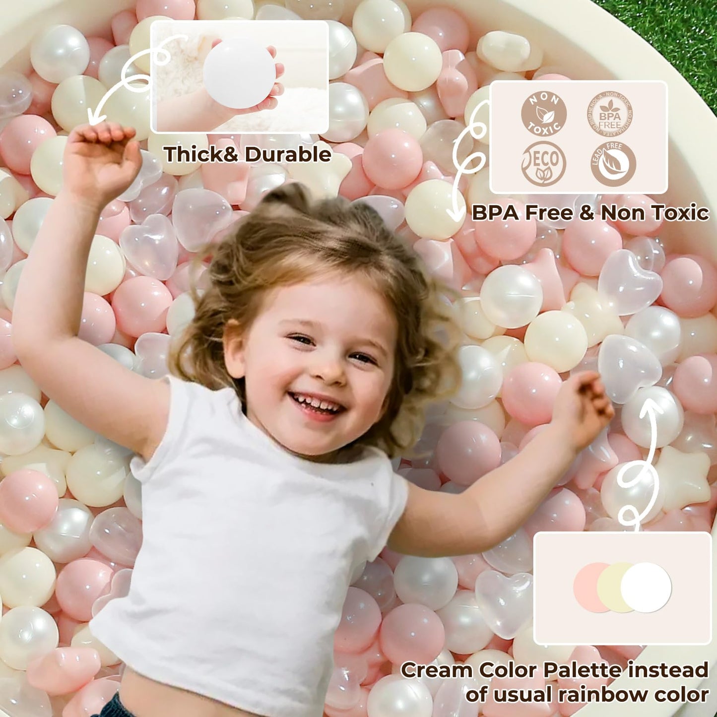 TRENDPLAY Ball Pit Balls – 100 Count Star & Heart Shapes (2.5-inch Star, 2.2-inch Balls) in Pink, Beige & Pearl White