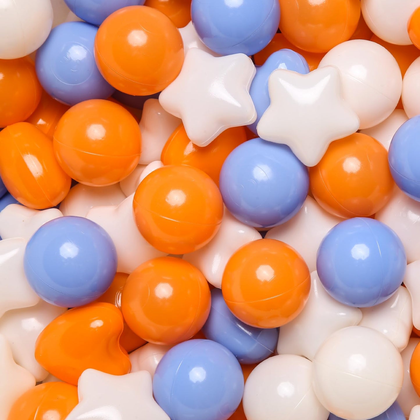 TRENDPLAY Ball Pit Balls – 200 Count Stars & Hearts Shapes (Beige, Orange, Blue)