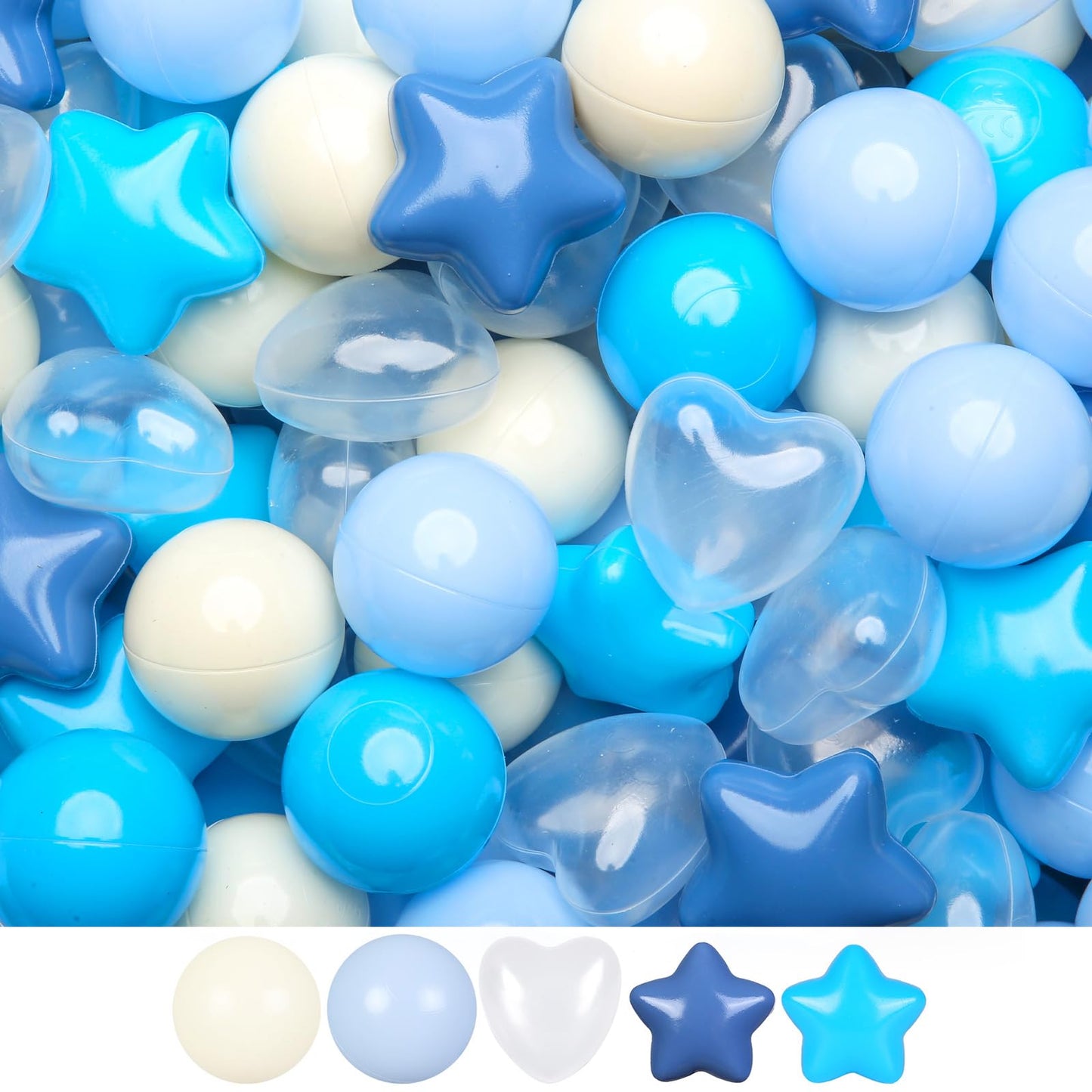 TRENDPLAY Ball Pit Balls – 100 Count, Star & Heart Shapes, Cream-Blue-White