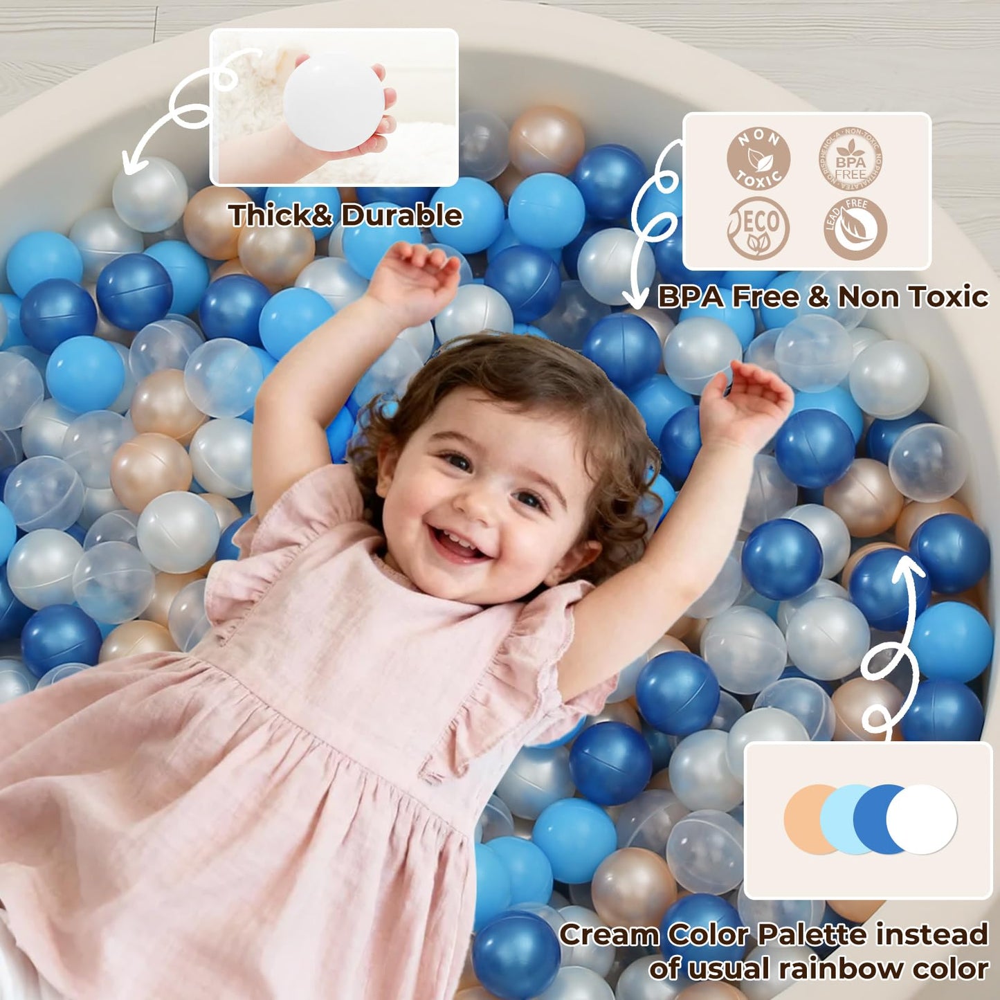TRENDPLAY 100-Pack Plastic Ball Pit Balls – Safe, Colorful Hollow Balls for Toddler Play (Pearl Blue, Gold & Clear)