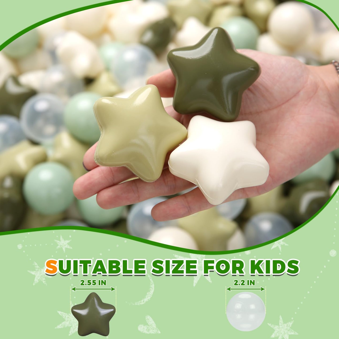 TRENDPLAY Star Ball Pit Balls 200-Pc Set – Green & Cream Pearl Colors for Toddlers