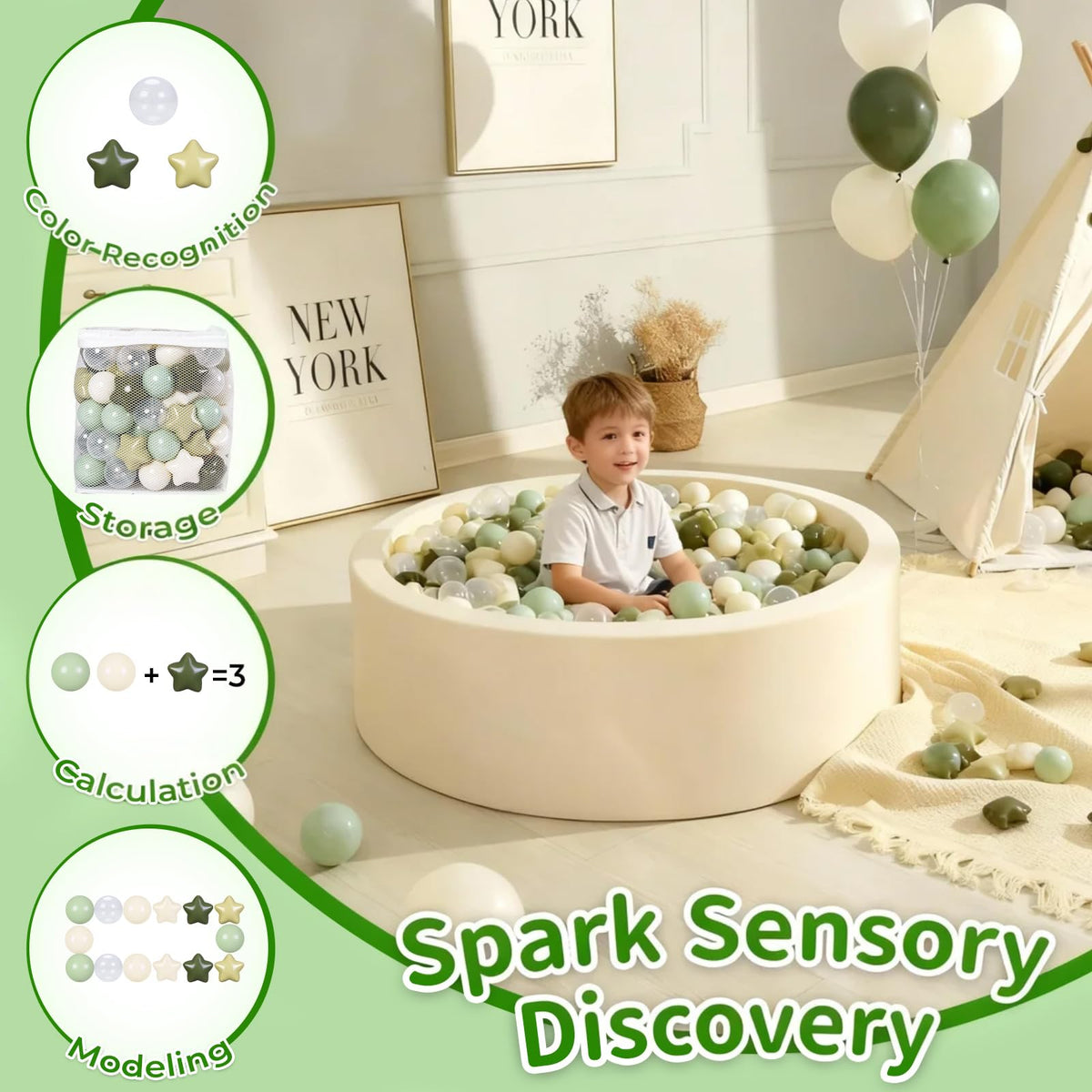 TRENDPLAY Star Ball Pit Balls 200-Pc Set – Green & Cream Pearl Colors for Toddlers