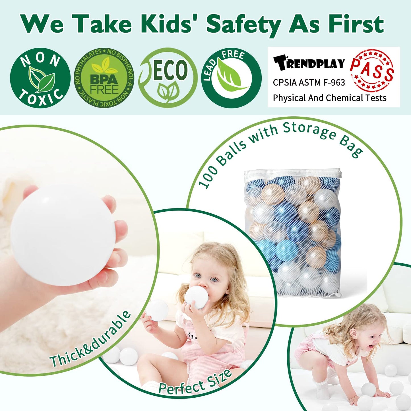 TRENDPLAY 100-Pack Plastic Ball Pit Balls – Safe, Colorful Hollow Balls for Toddler Play (Pearl Blue, Gold & Clear)