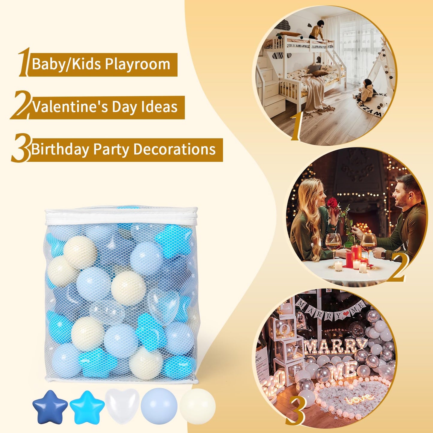 TRENDPLAY Ball Pit Balls – 100 Count, Star & Heart Shapes, Cream-Blue-White