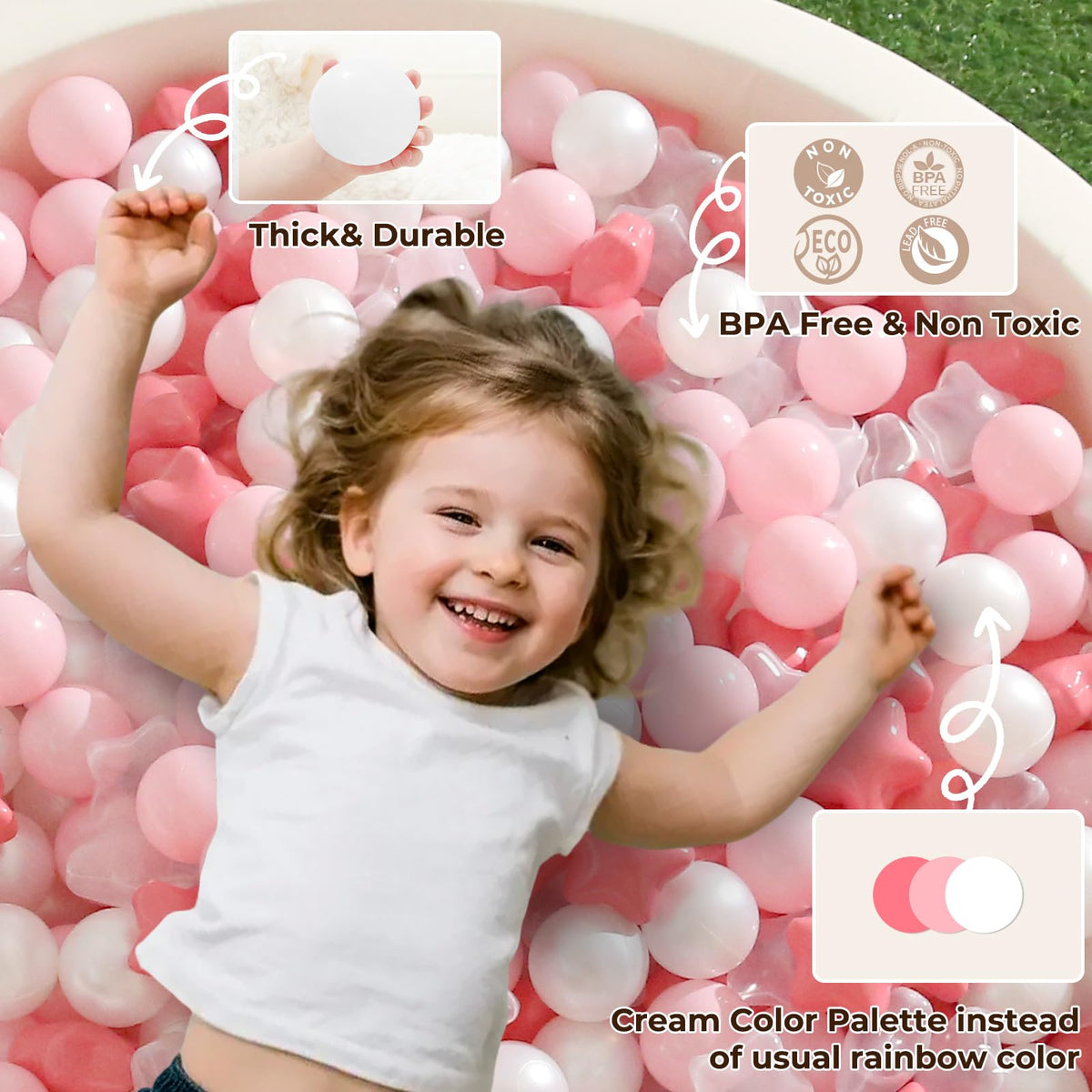 TRENDPLAY Star Ball Pit Balls 200 for Toddlers – Pink Star Balls (Cream & Pearl White)