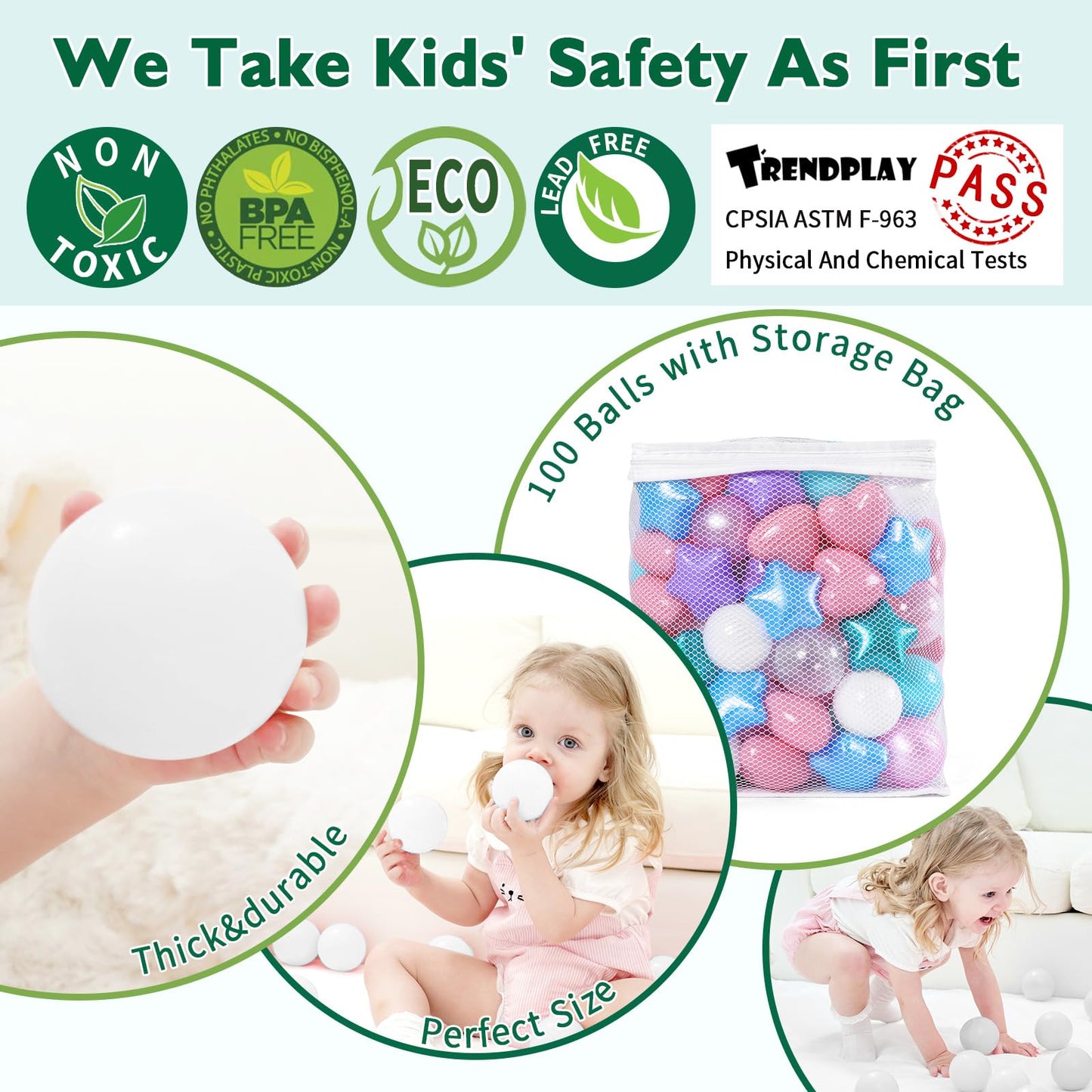 TRENDPLAY Ball Pit Balls - 100 Count Stars & Hearts in Pearl Pink Green Blue White