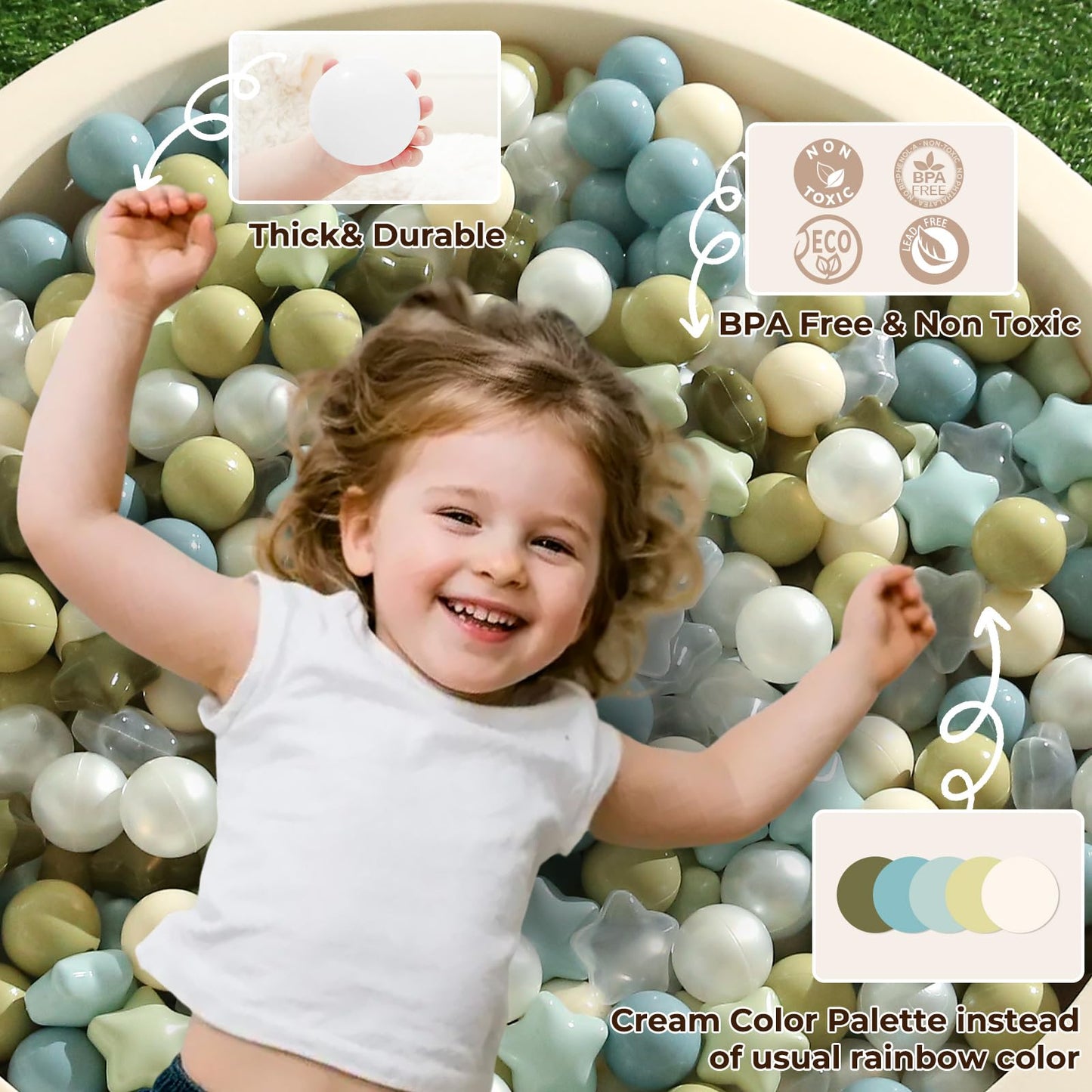 TRENDPLAY Star Ball Pit Balls 500 – Creamy Blue, Creamy Green, Pearl & Clear – Safe, Fun Shapes for Toddlers