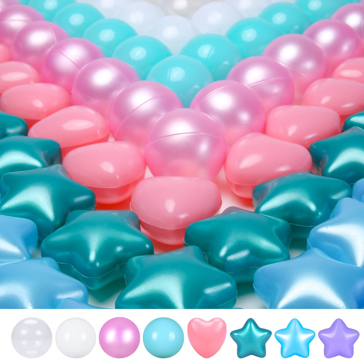 TRENDPLAY Ball Pit Balls — Stars & Hearts (200 Count) for Toddlers | Pearl Blue Green Pink