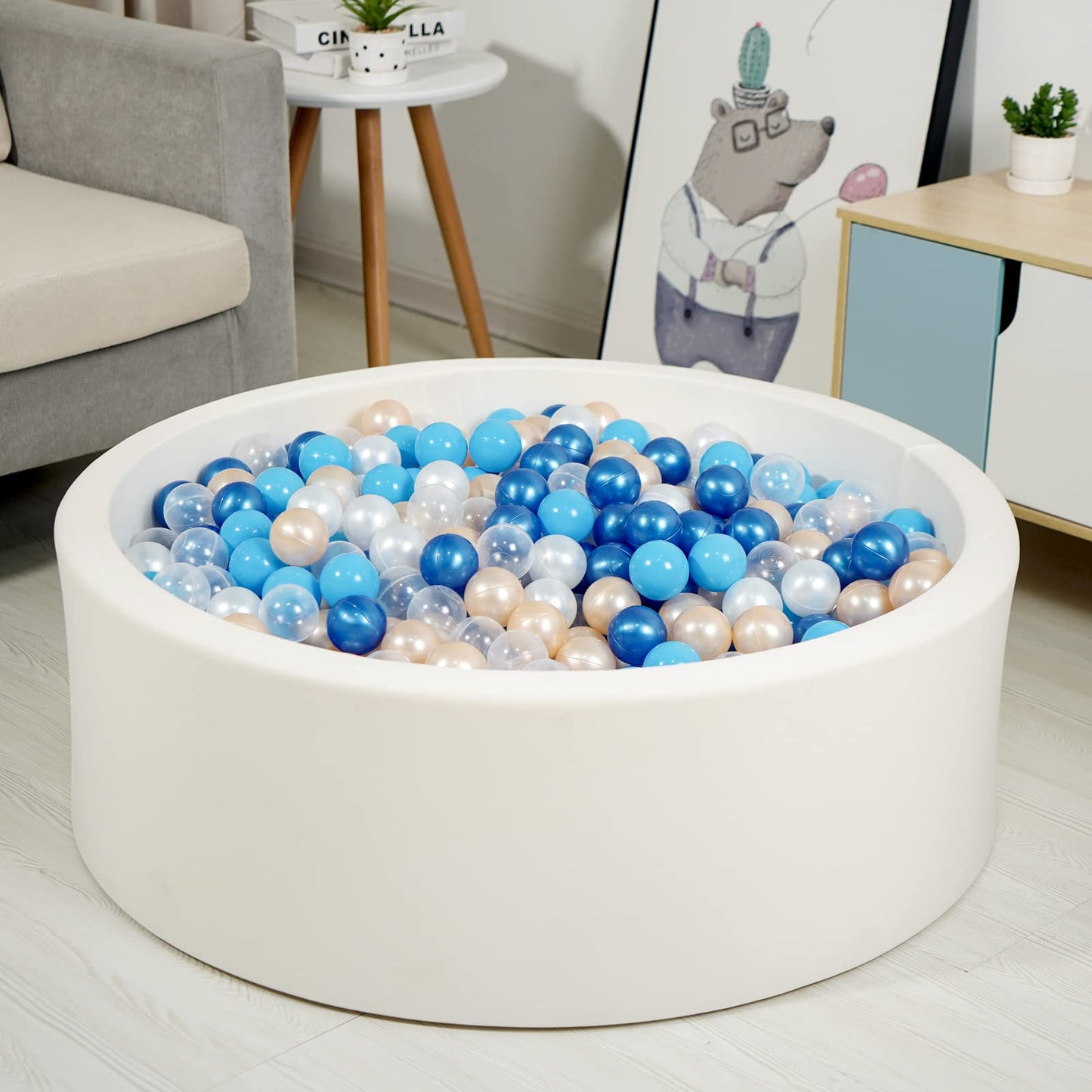 TRENDPLAY 100-Pack Plastic Ball Pit Balls – Safe, Colorful Hollow Balls for Toddler Play (Pearl Blue, Gold & Clear)