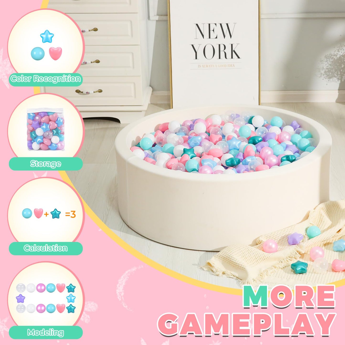 TRENDPLAY Ball Pit Balls - 100 Count Stars & Hearts in Pearl Pink Green Blue White