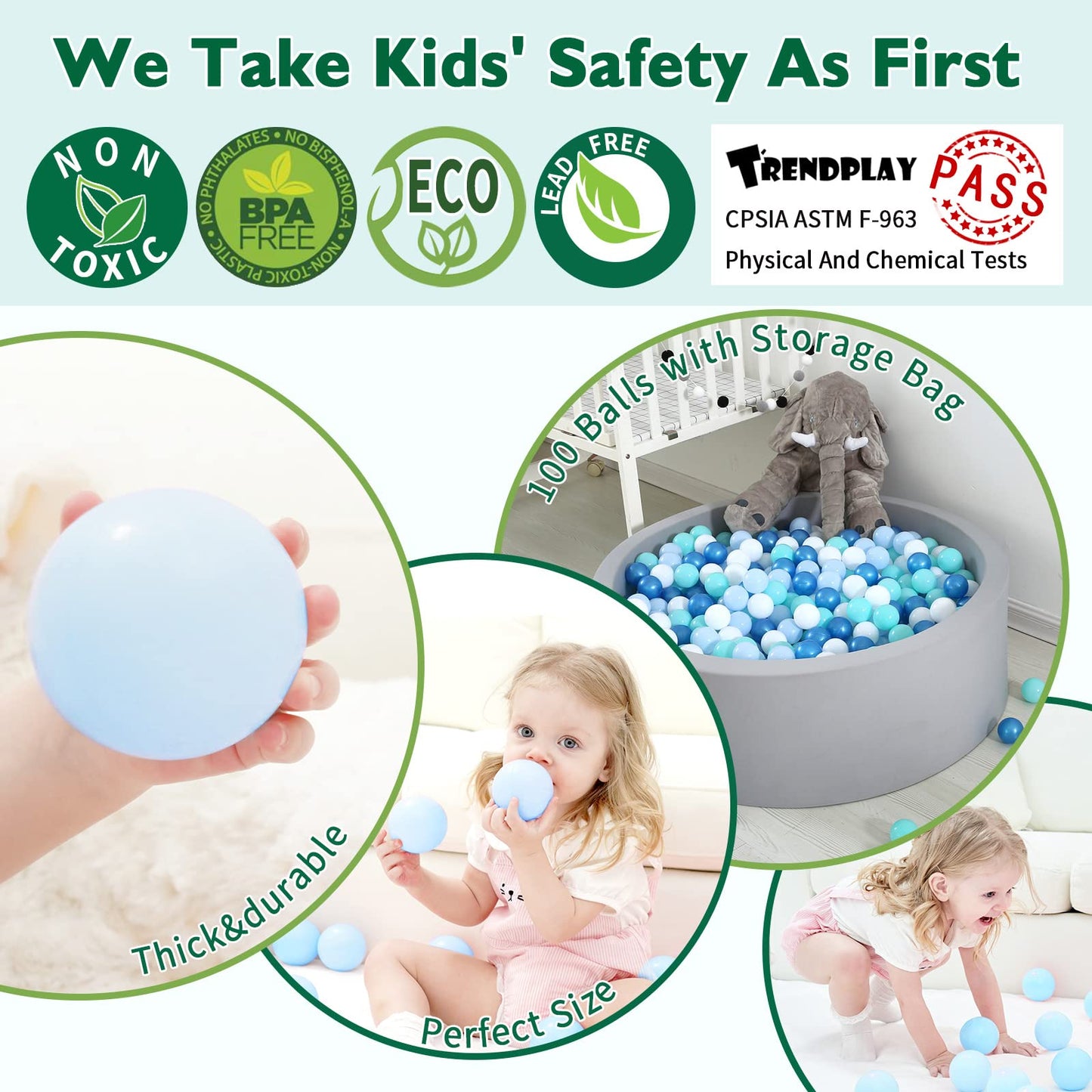 TRENDPLAY Plastic Balls for Ball Pits – Pack of 100 Hollow Balls, Safe & Durable (Pearl Blue + Green)