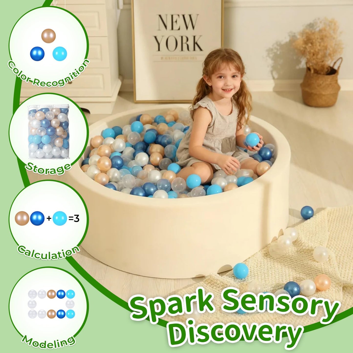 TRENDPLAY 100-Pack Plastic Ball Pit Balls – Safe, Colorful Hollow Balls for Toddler Play (Pearl Blue, Gold & Clear)