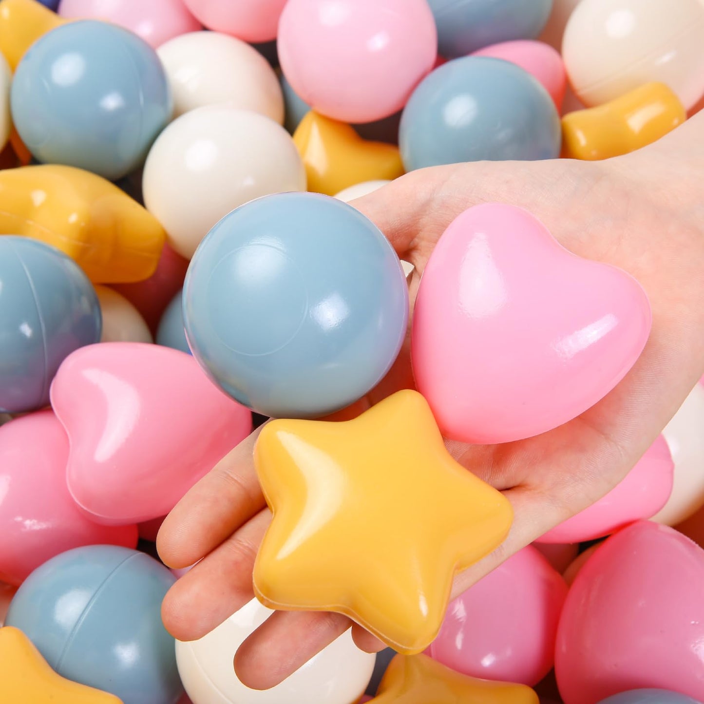 TRENDPLAY Ball Pit Balls – 200 Count with Star & Heart Shapes (Yellow, Blue, Pink)