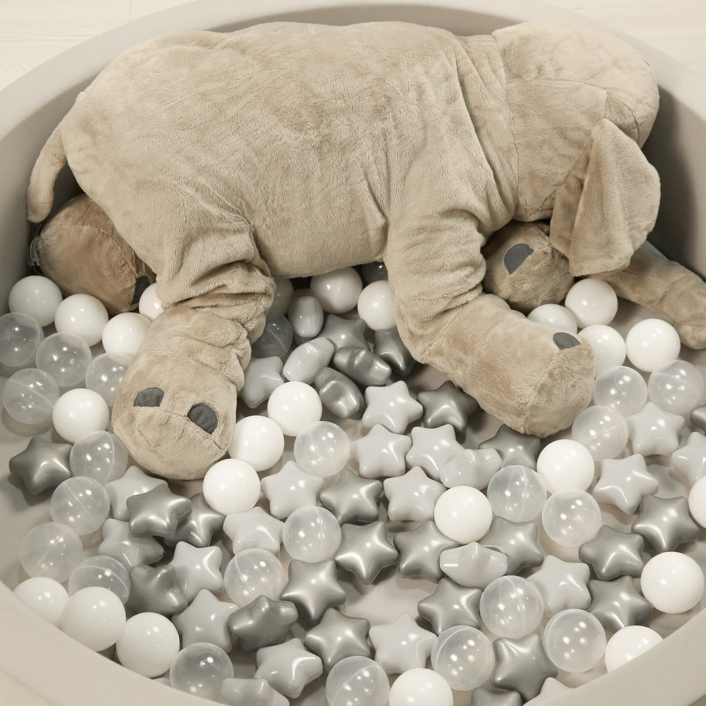 TRENDPLAY Star Ball Pit Balls for Toddlers - 100 Count, Non-Toxic Star Shapes (Gray + Clear)