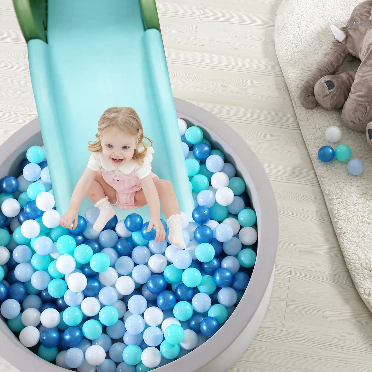 TRENDPLAY Plastic Balls for Ball Pits – Pack of 100 Hollow Balls, Safe & Durable (Pearl Blue + Green)