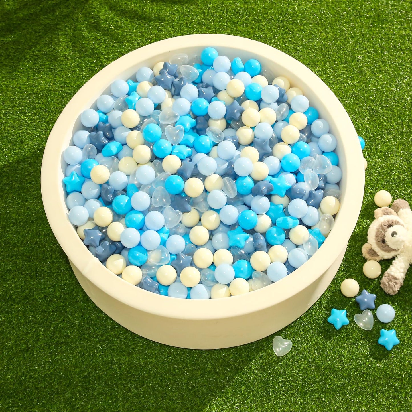 TRENDPLAY Ball Pit Balls – 100 Count, Star & Heart Shapes, Cream-Blue-White