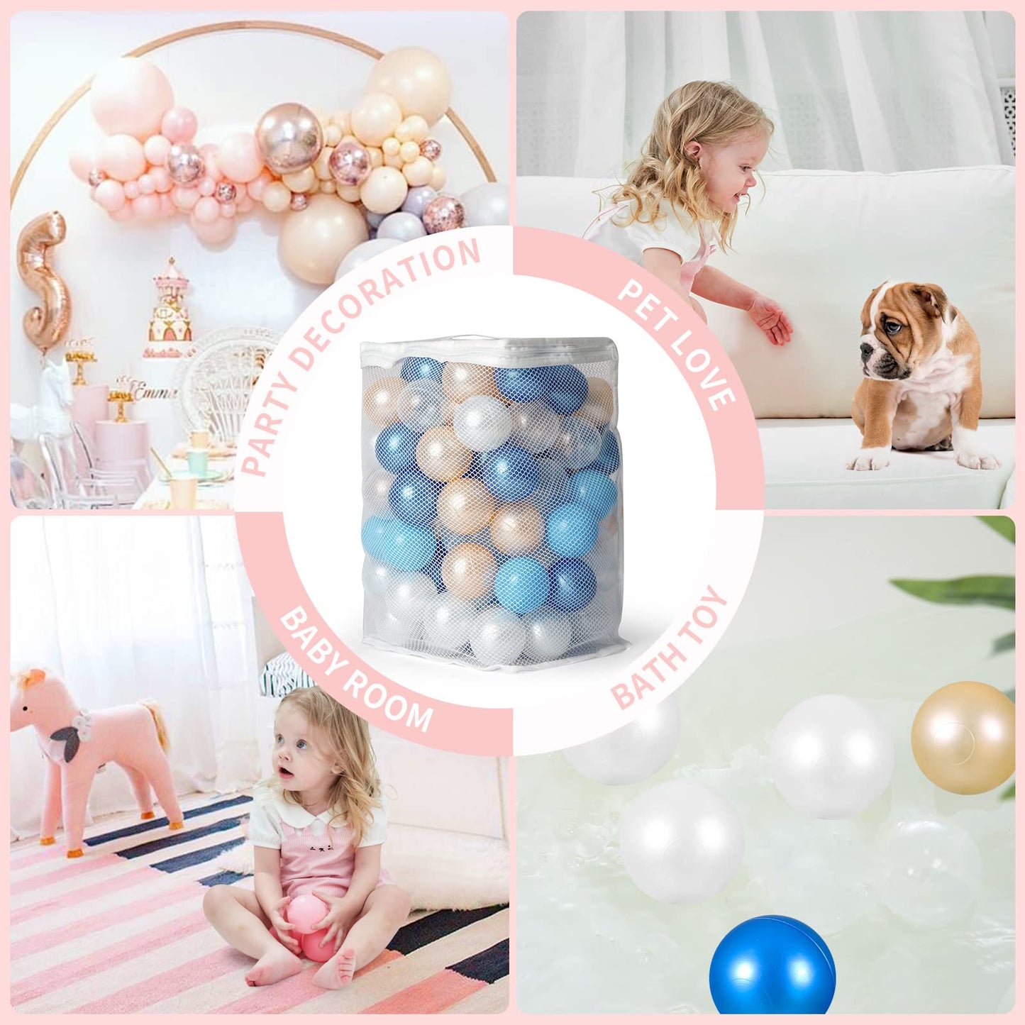 TRENDPLAY 100-Pack Plastic Ball Pit Balls – Safe, Colorful Hollow Balls for Toddler Play (Pearl Blue, Gold & Clear)