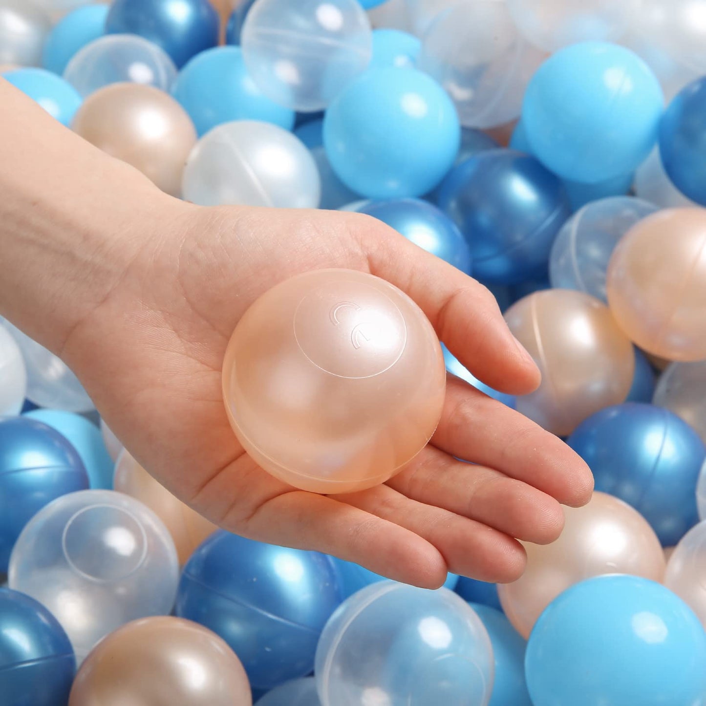 TRENDPLAY 100-Pack Plastic Ball Pit Balls – Safe, Colorful Hollow Balls for Toddler Play (Pearl Blue, Gold & Clear)