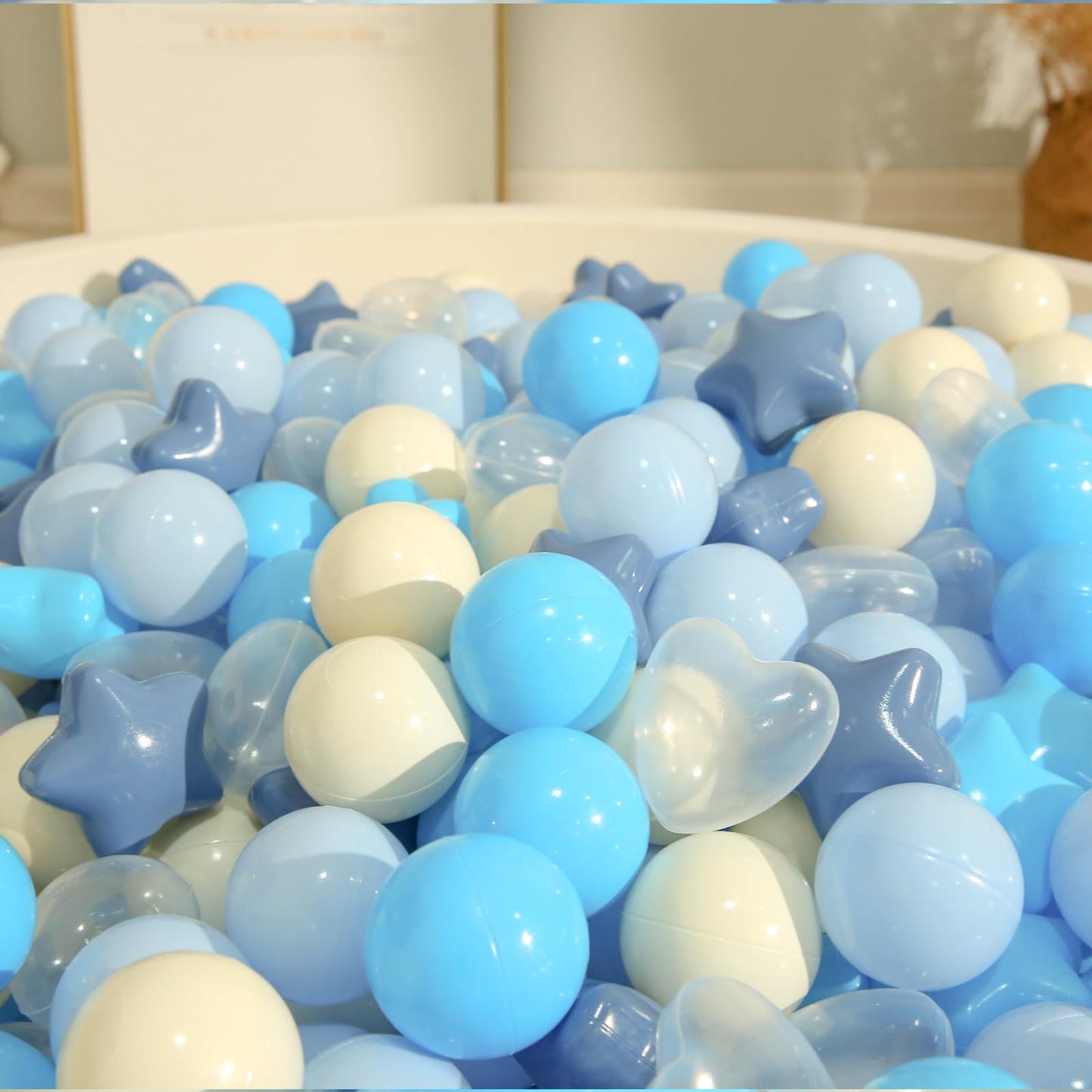 TRENDPLAY Ball Pit Balls – 100 Count, Star & Heart Shapes, Cream-Blue-White