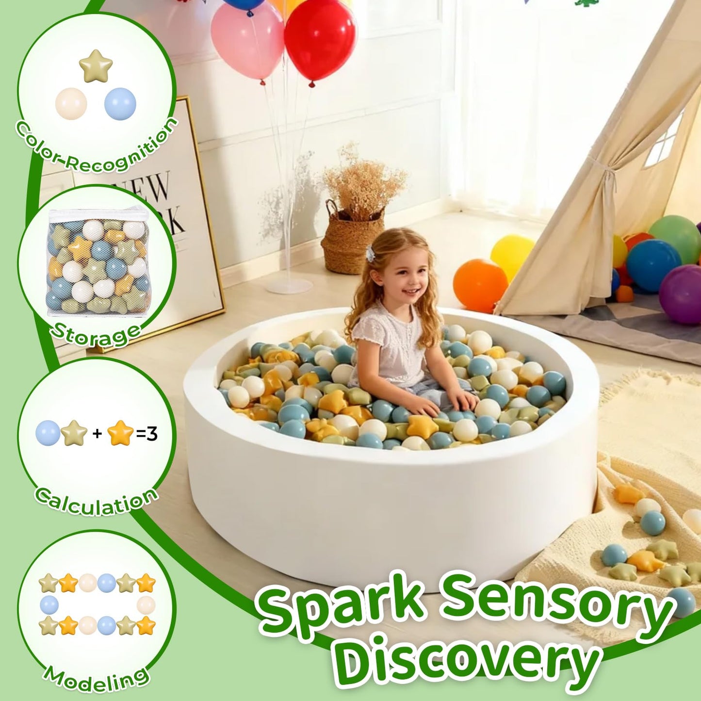 TRENDPLAY Star Ball Pit Balls 500 – Safe Toddler Toys (Yellow/Blue/Green)