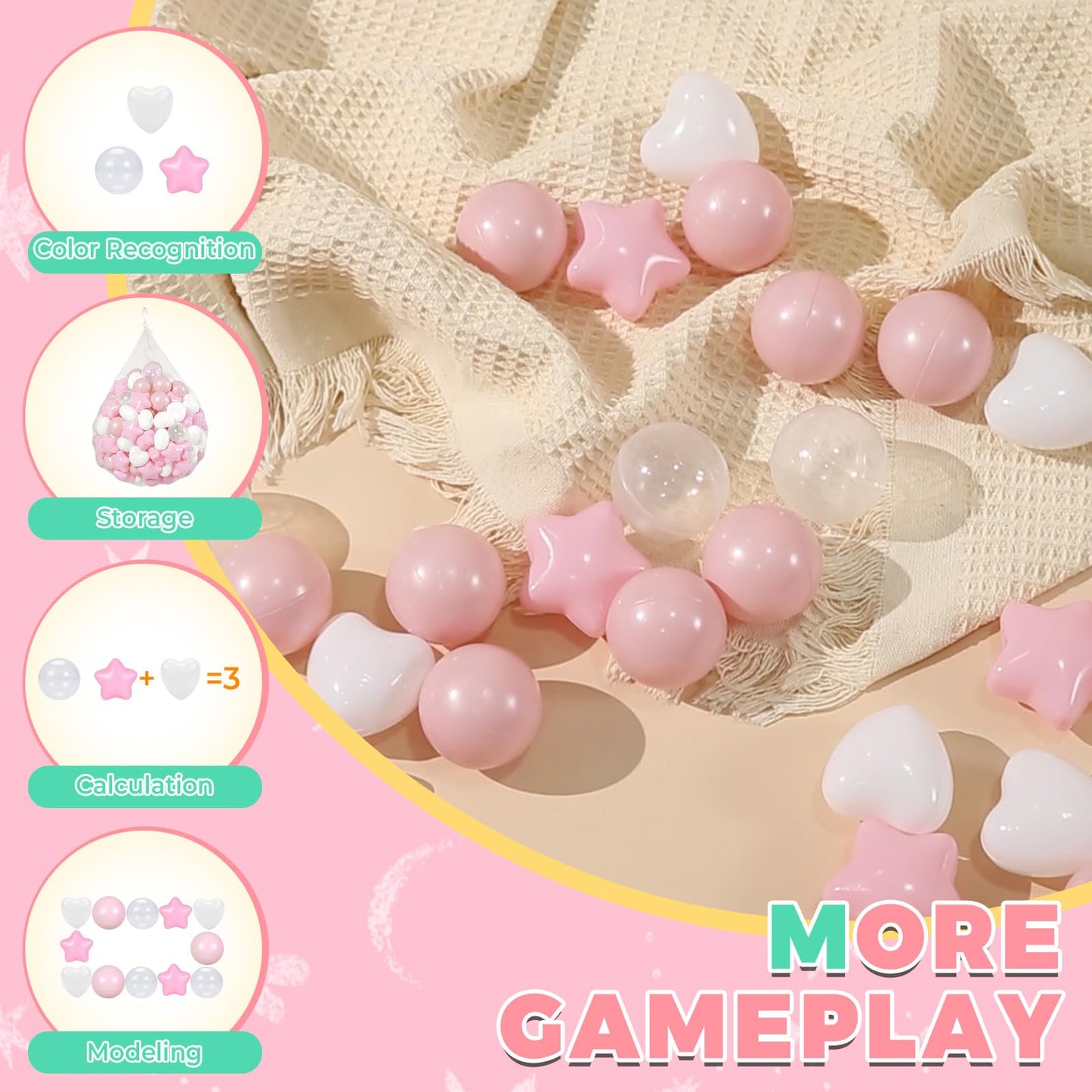 TRENDPLAY Ball Pit Balls – 200 Count Star & Heart Shapes (Pink/White), Safe 2.2in & 2.5in