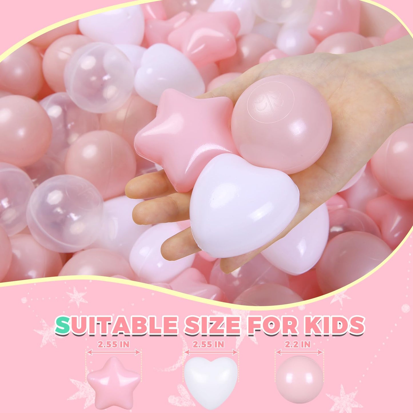 TRENDPLAY Ball Pit Balls – 200 Count Star & Heart Shapes (Pink/White), Safe 2.2in & 2.5in