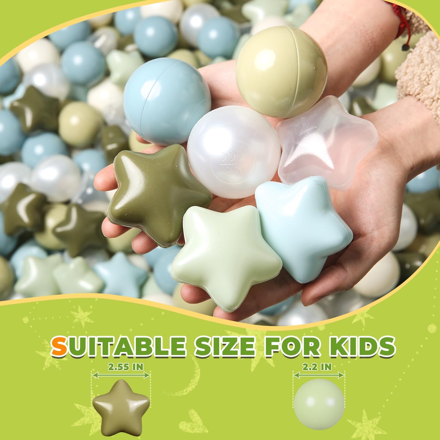 TRENDPLAY Star Ball Pit Balls – 200-Piece Toddler Set (Creamy Blue, Creamy Green, Pearl, Clear)