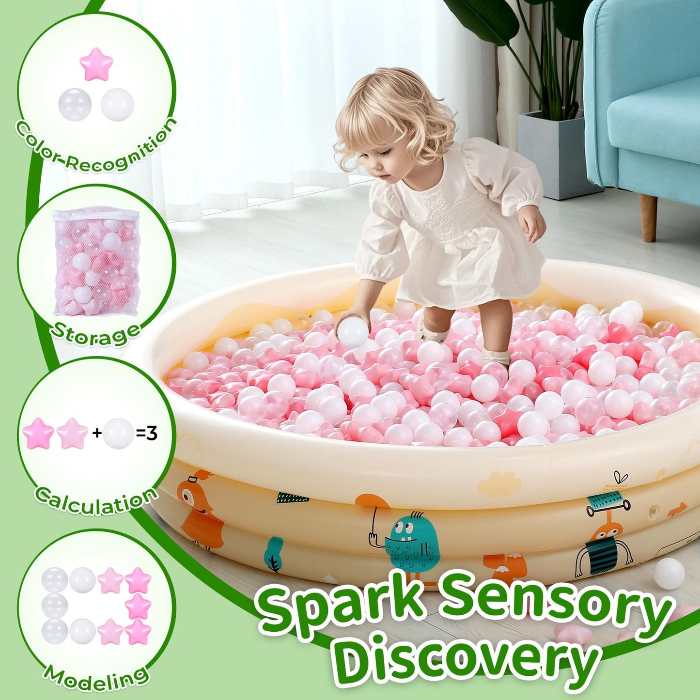 TRENDPLAY Star Ball Pit Balls for Toddlers – 200 Count Non-Toxic Star Shaped Balls in Pink, White & Clear