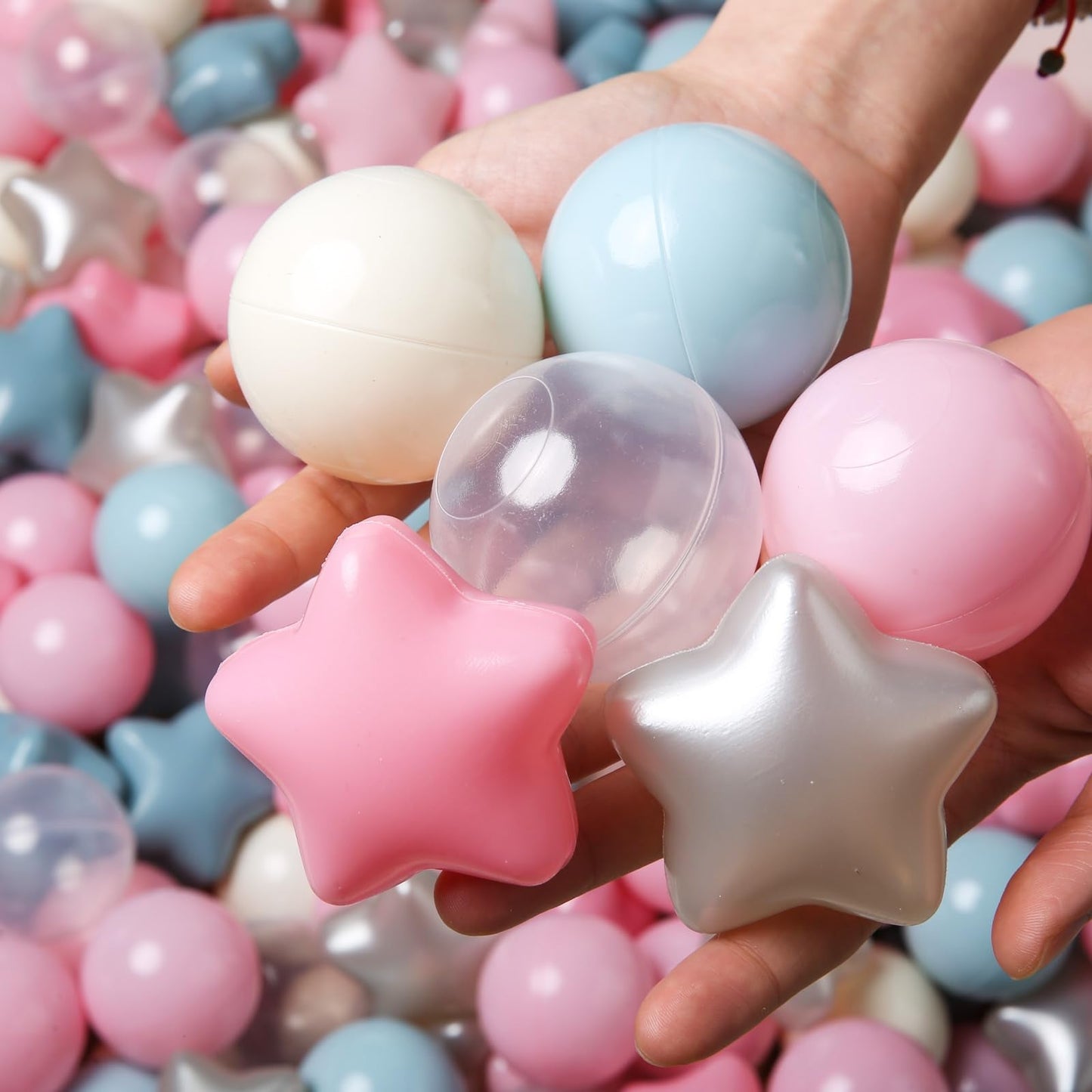 TRENDPLAY Star Ball Pit Balls – 200-Star Shaped Balls for Toddlers (Cream, Pink, Blue, White)