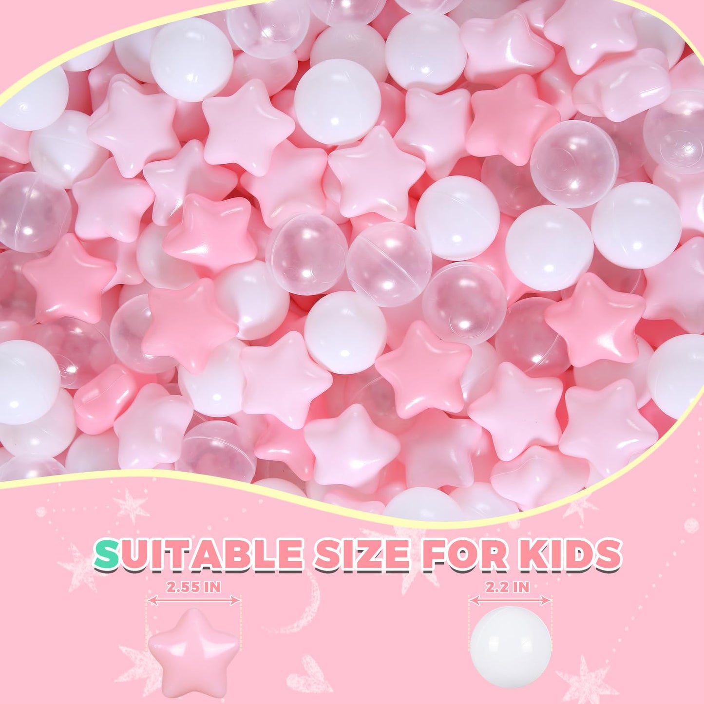 TRENDPLAY Star Ball Pit Balls for Toddlers – 200 Count Non-Toxic Star Shaped Balls in Pink, White & Clear