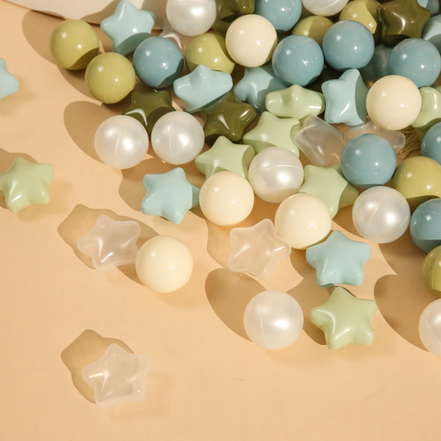 TRENDPLAY Star Ball Pit Balls 500 – Creamy Blue, Creamy Green, Pearl & Clear – Safe, Fun Shapes for Toddlers