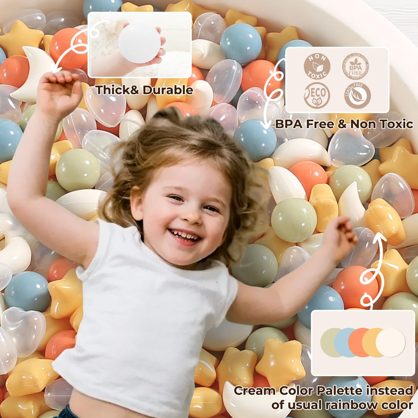 TRENDPLAY Star Ball Pit Balls 100-Piece Set – Mixed Shapes (Stars, Moons, Hearts) in Cream, Orange, Green, Blue, Clear