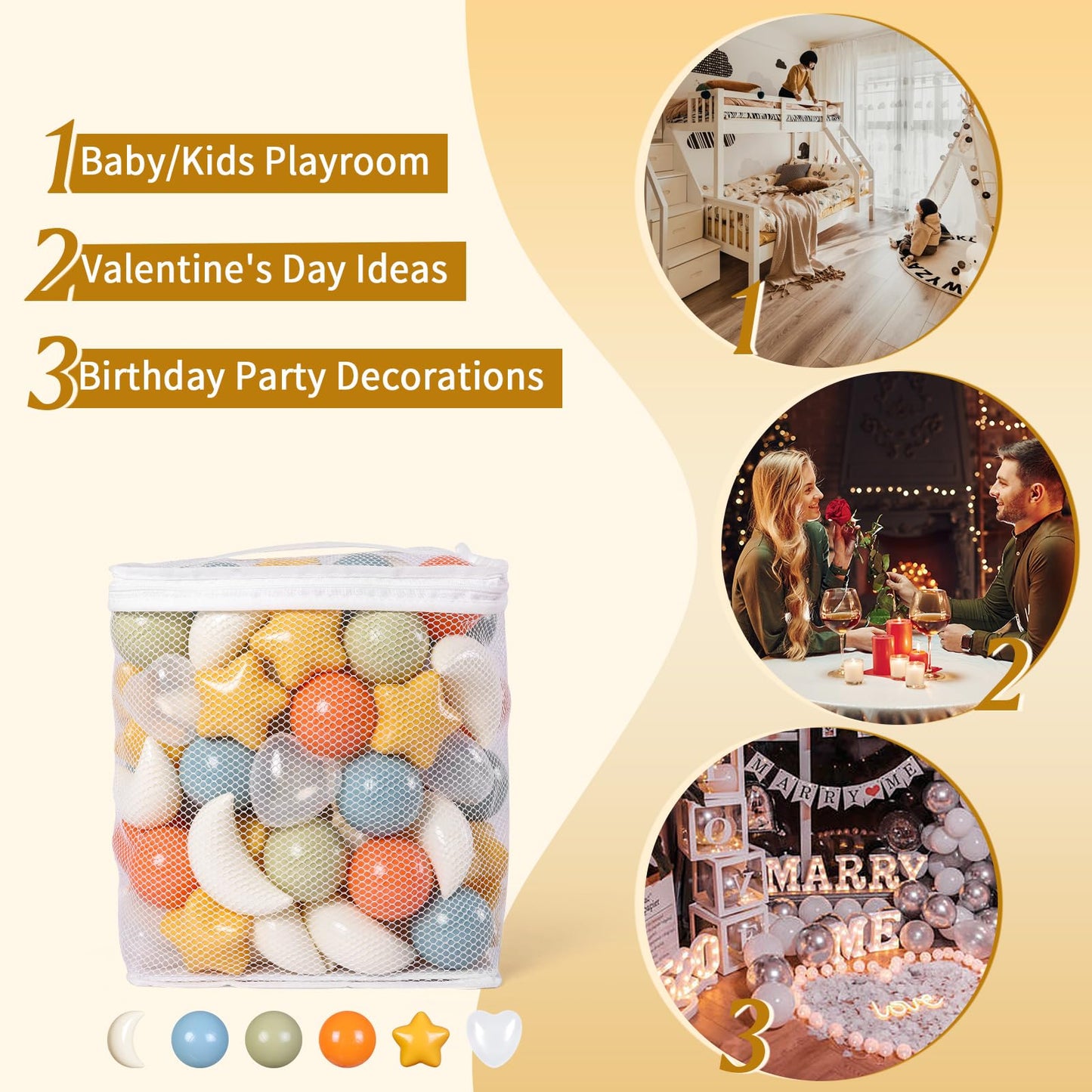TRENDPLAY Star Ball Pit Balls 100-Piece Set – Mixed Shapes (Stars, Moons, Hearts) in Cream, Orange, Green, Blue, Clear