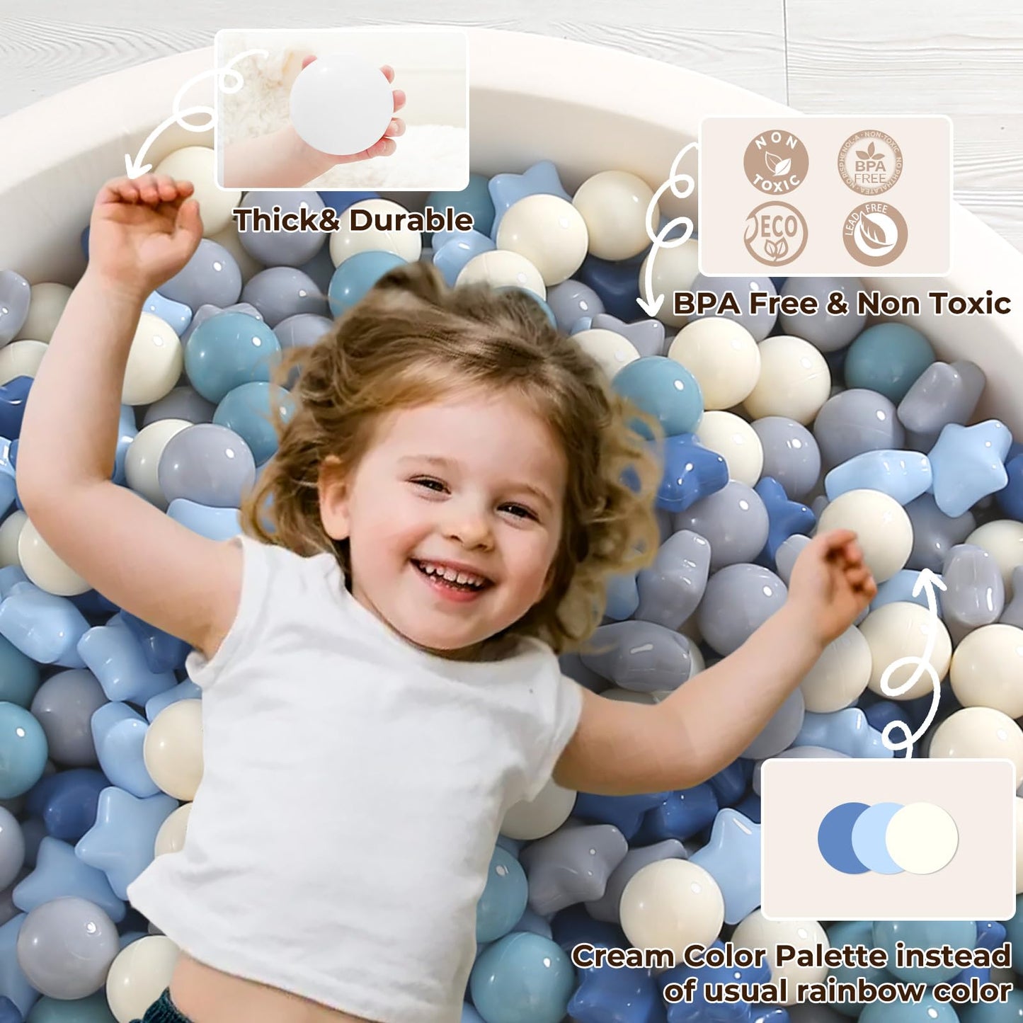 TRENDPLAY Star Ball Pit Balls for Toddlers - 200 Count, Non-Toxic, 2.2-Inch Diameter, Cream Blue