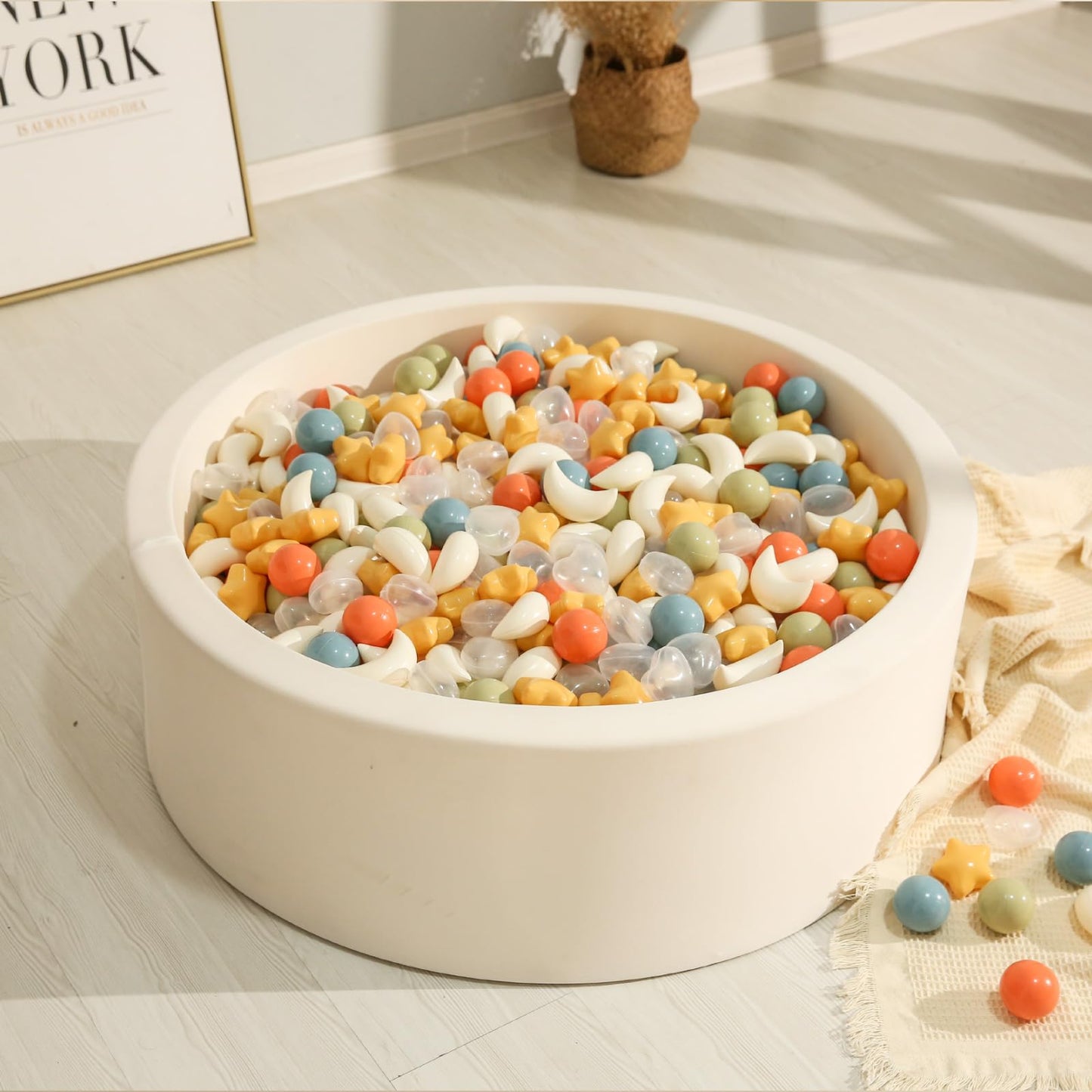 TRENDPLAY Star Ball Pit Balls 200-Piece Set – Vibrant 4-Shape Mix for Kids (Stars, Moons, Hearts, Orbs) – Cream, Orange, Yellow, White, Green, Blue, Clear