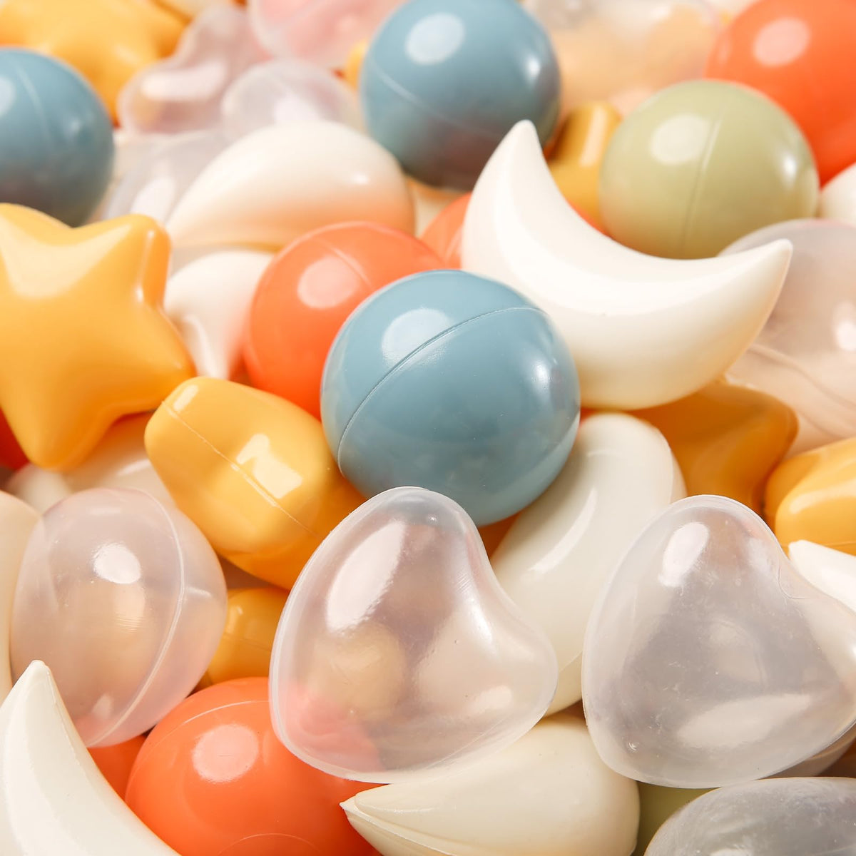 TRENDPLAY Star Ball Pit Balls 200-Piece Set – Vibrant 4-Shape Mix for Kids (Stars, Moons, Hearts, Orbs) – Cream, Orange, Yellow, White, Green, Blue, Clear