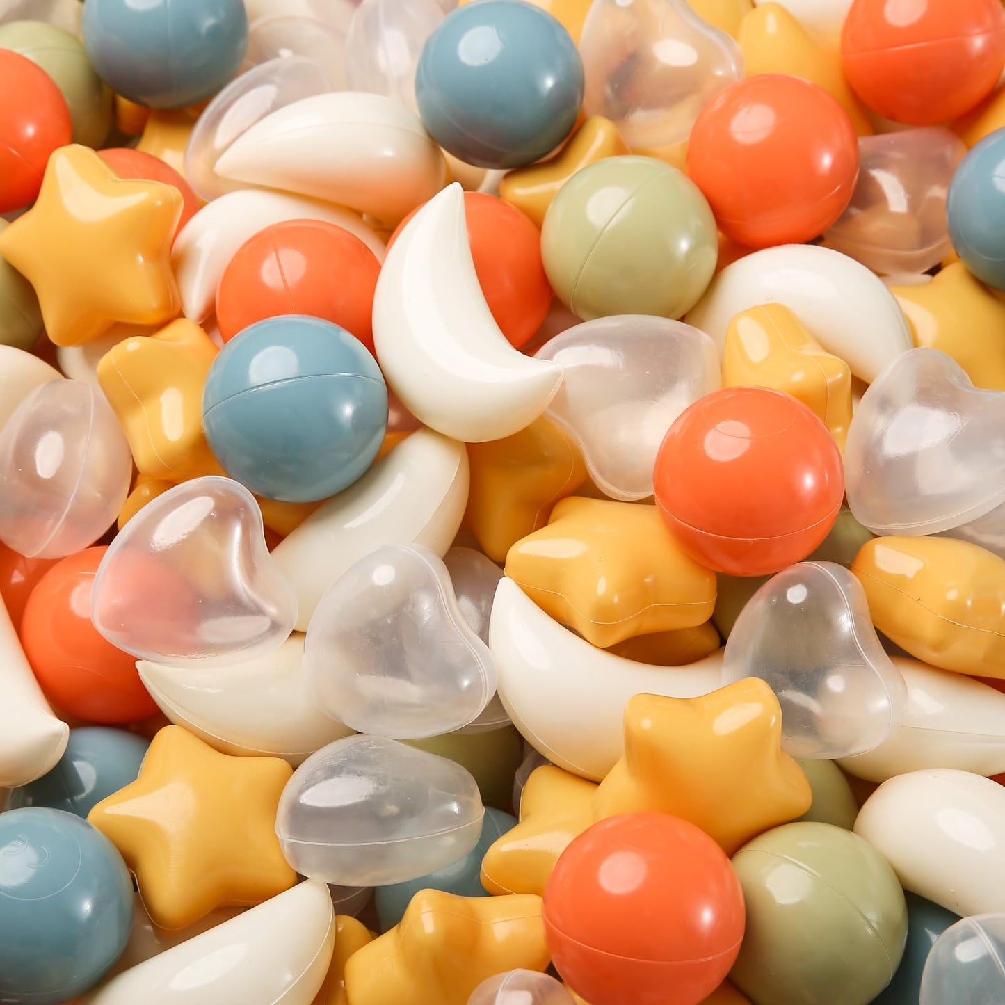 TRENDPLAY Star Ball Pit Balls 200-Piece Set – Vibrant 4-Shape Mix for Kids (Stars, Moons, Hearts, Orbs) – Cream, Orange, Yellow, White, Green, Blue, Clear