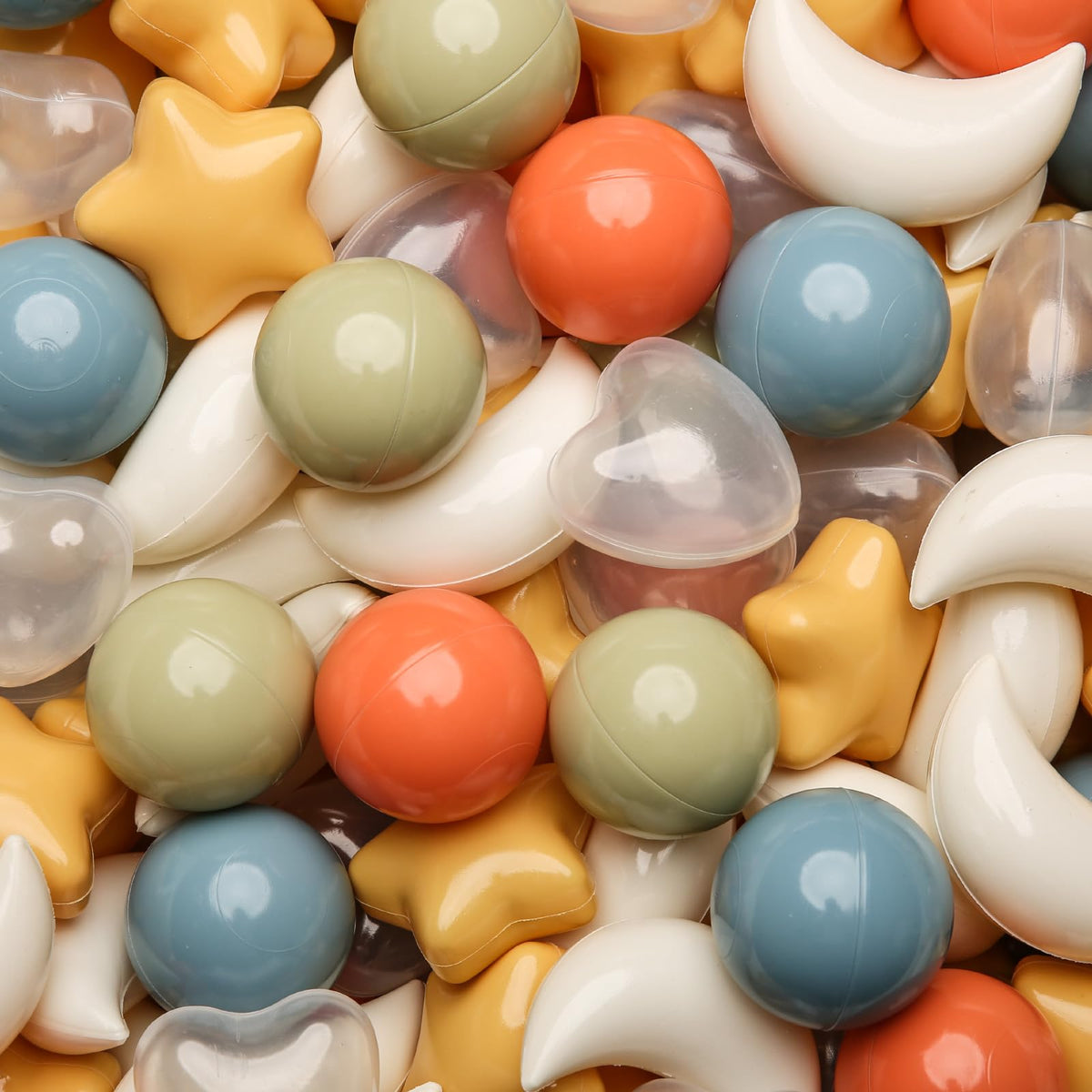 TRENDPLAY Star Ball Pit Balls 200-Piece Set – Vibrant 4-Shape Mix for Kids (Stars, Moons, Hearts, Orbs) – Cream, Orange, Yellow, White, Green, Blue, Clear