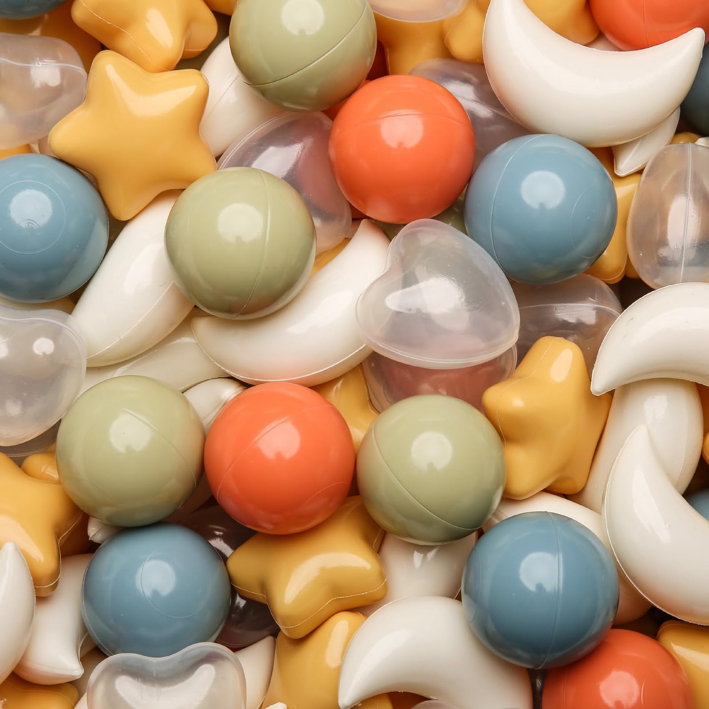 TRENDPLAY Star Ball Pit Balls 100-Piece Set – Mixed Shapes (Stars, Moons, Hearts) in Cream, Orange, Green, Blue, Clear