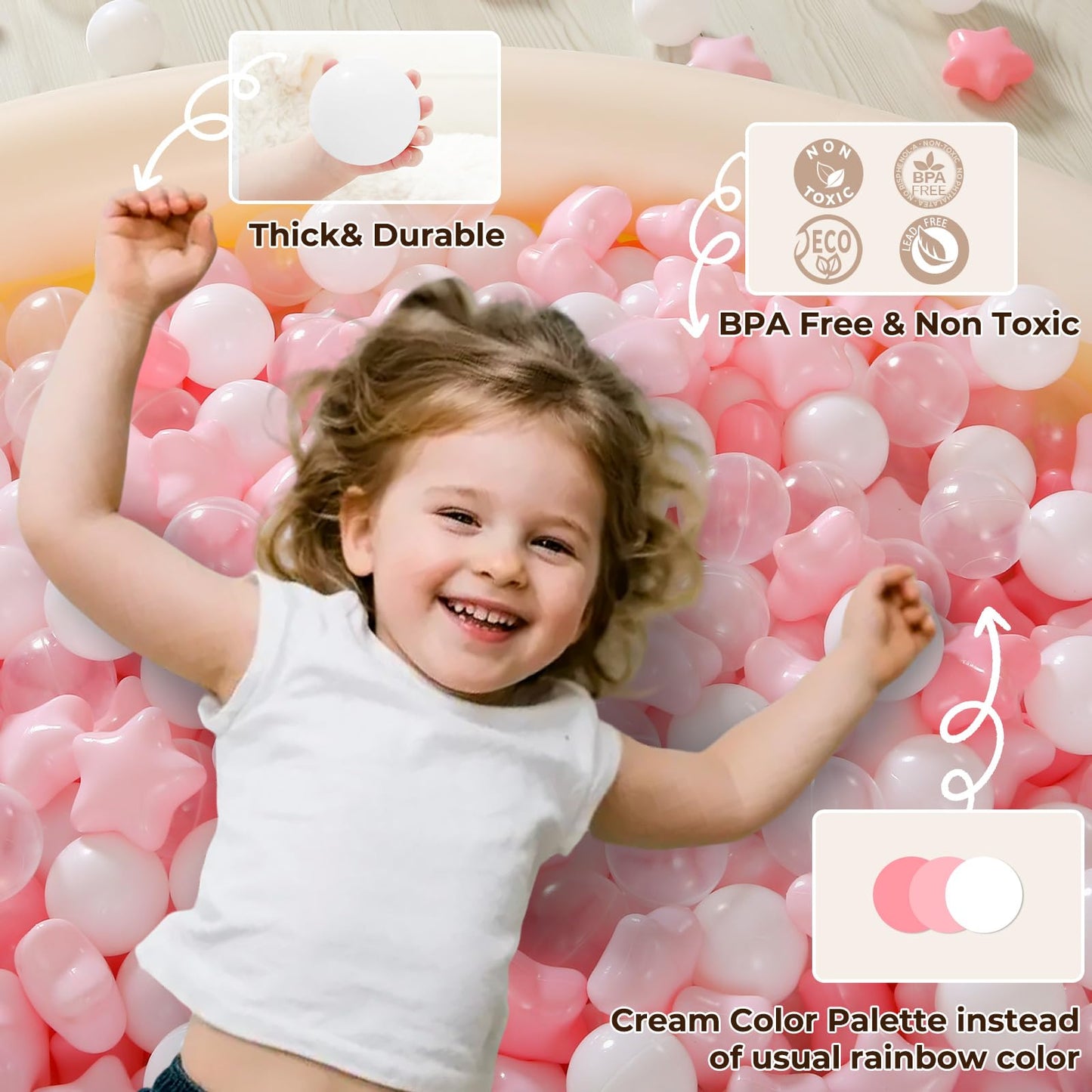 TRENDPLAY Star Ball Pit Balls for Toddlers – 200 Count Non-Toxic Star Shaped Balls in Pink, White & Clear