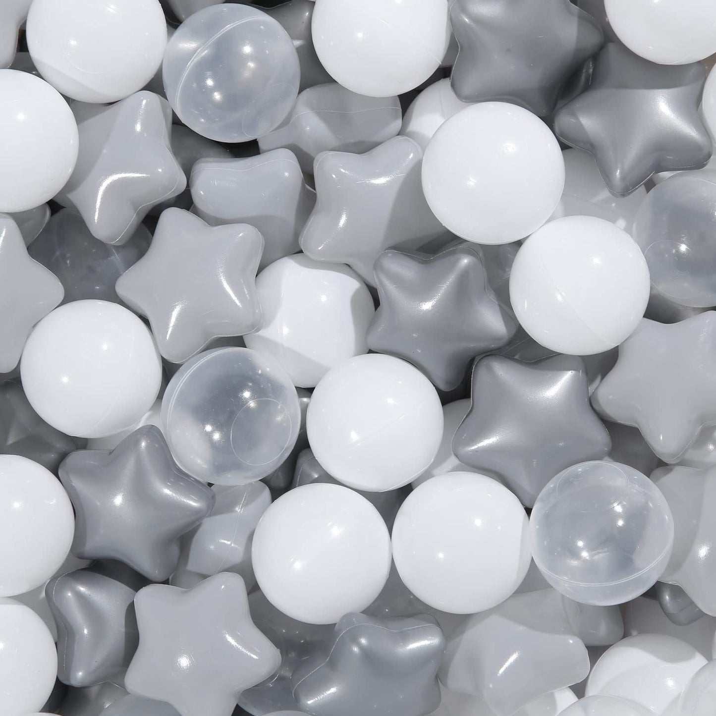 TRENDPLAY Star Ball Pit Balls for Toddlers - 100 Count, Non-Toxic Star Shapes (Gray + Clear)