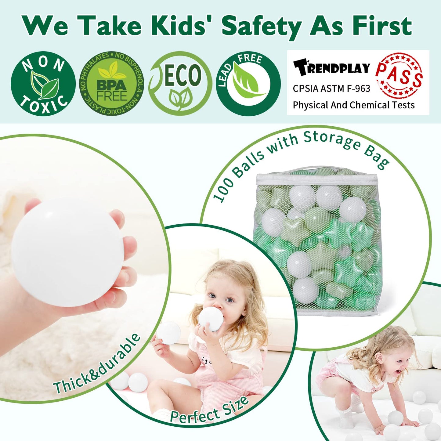 TRENDPLAY Star Ball Pit Balls for Toddlers – 100 Count, 2.15-Inch Diameter, Non-Toxic, Pearl Green + Macaron Green