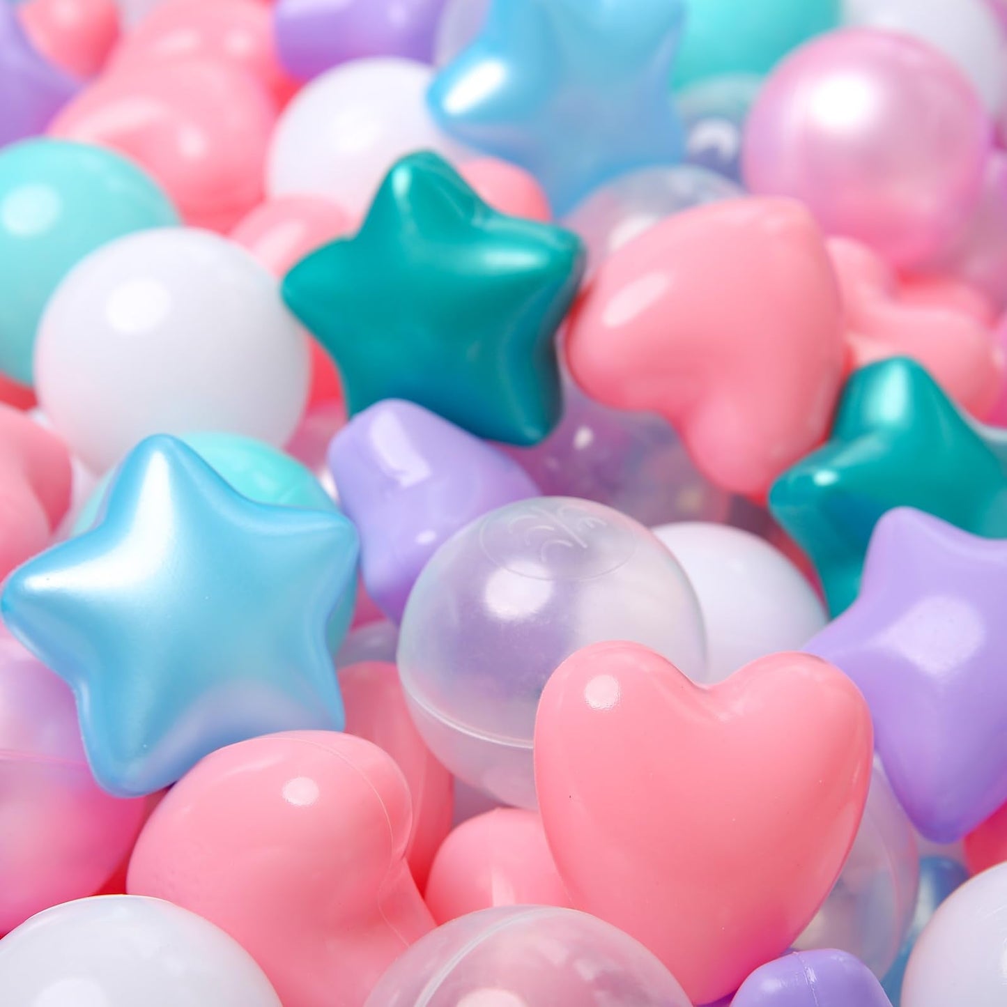 TRENDPLAY Ball Pit Balls - 100 Count Stars & Hearts in Pearl Pink Green Blue White