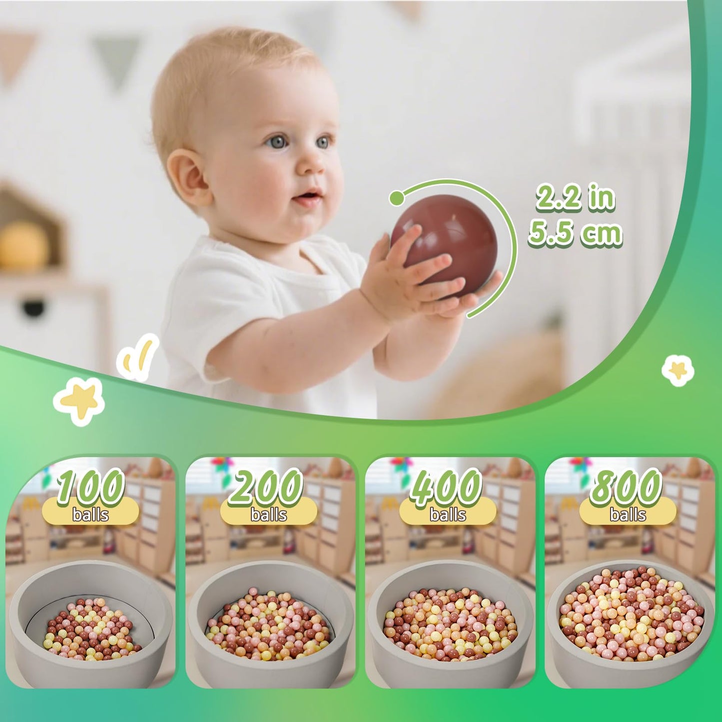 TRENDPLAY Star Ball Pit Balls 500 – Safe Toddler Toys (Yellow/Blue/Green)