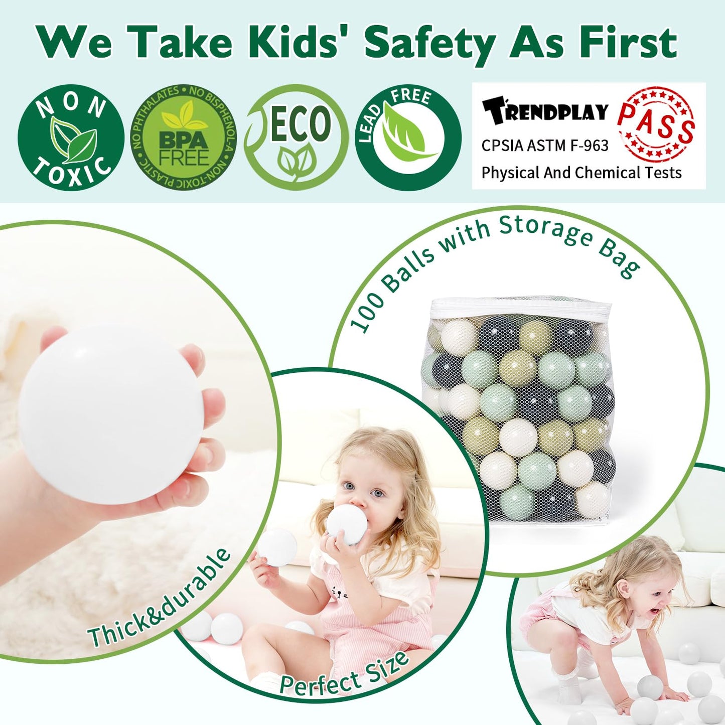 TRENDPLAY Plastic Balls for Ball Pits – 100-Pack Hollow, Cream & Green